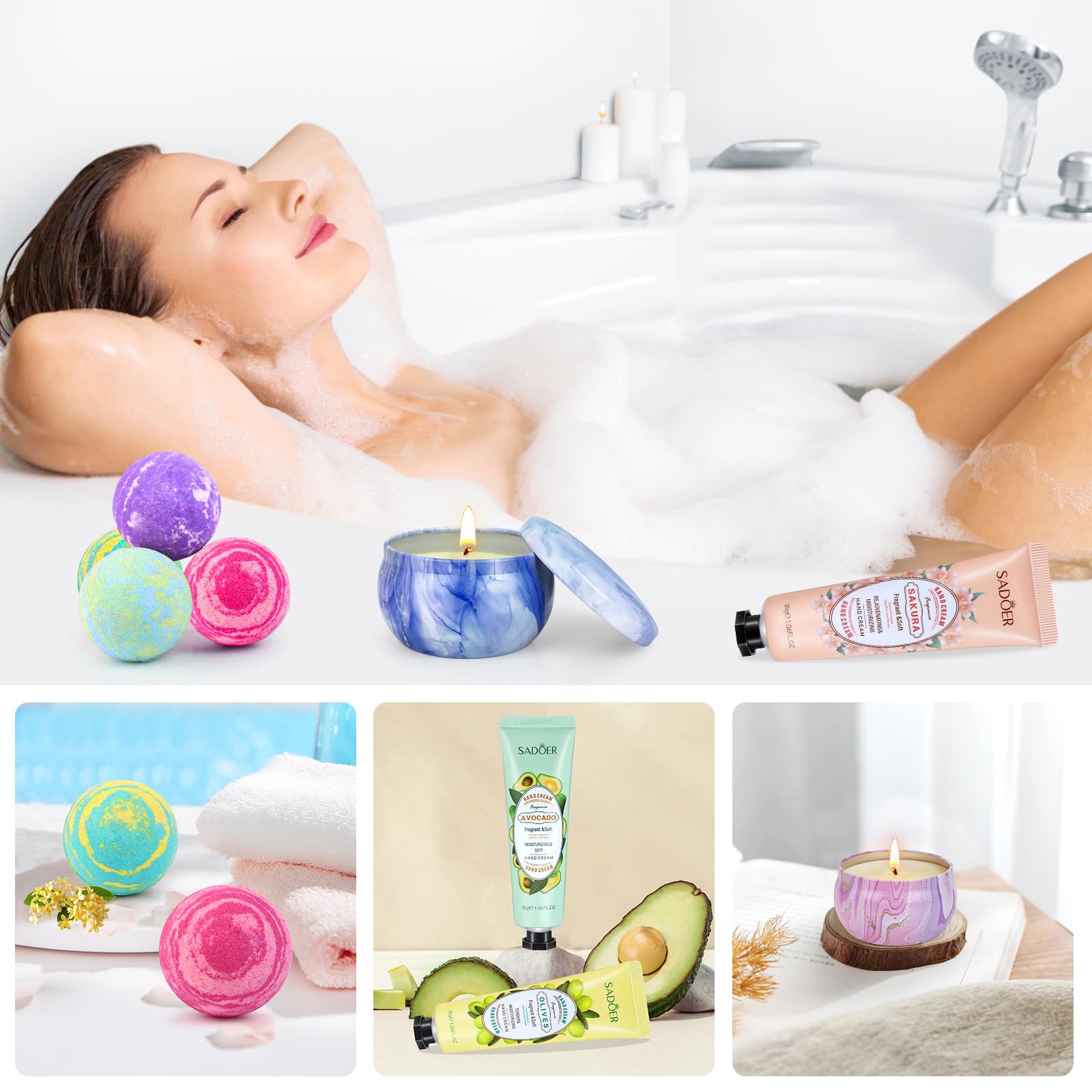 Bath Bombs for Women Gift Set - 4 Large Bath Bombs + 3 Scented Candles + 3 Hand Lotions, Handmade Moisturizing SPA Gift Baskets Fizzy Bath Bomb, Ideal Gift for Valentine's Day, Mother's Day, Birthday