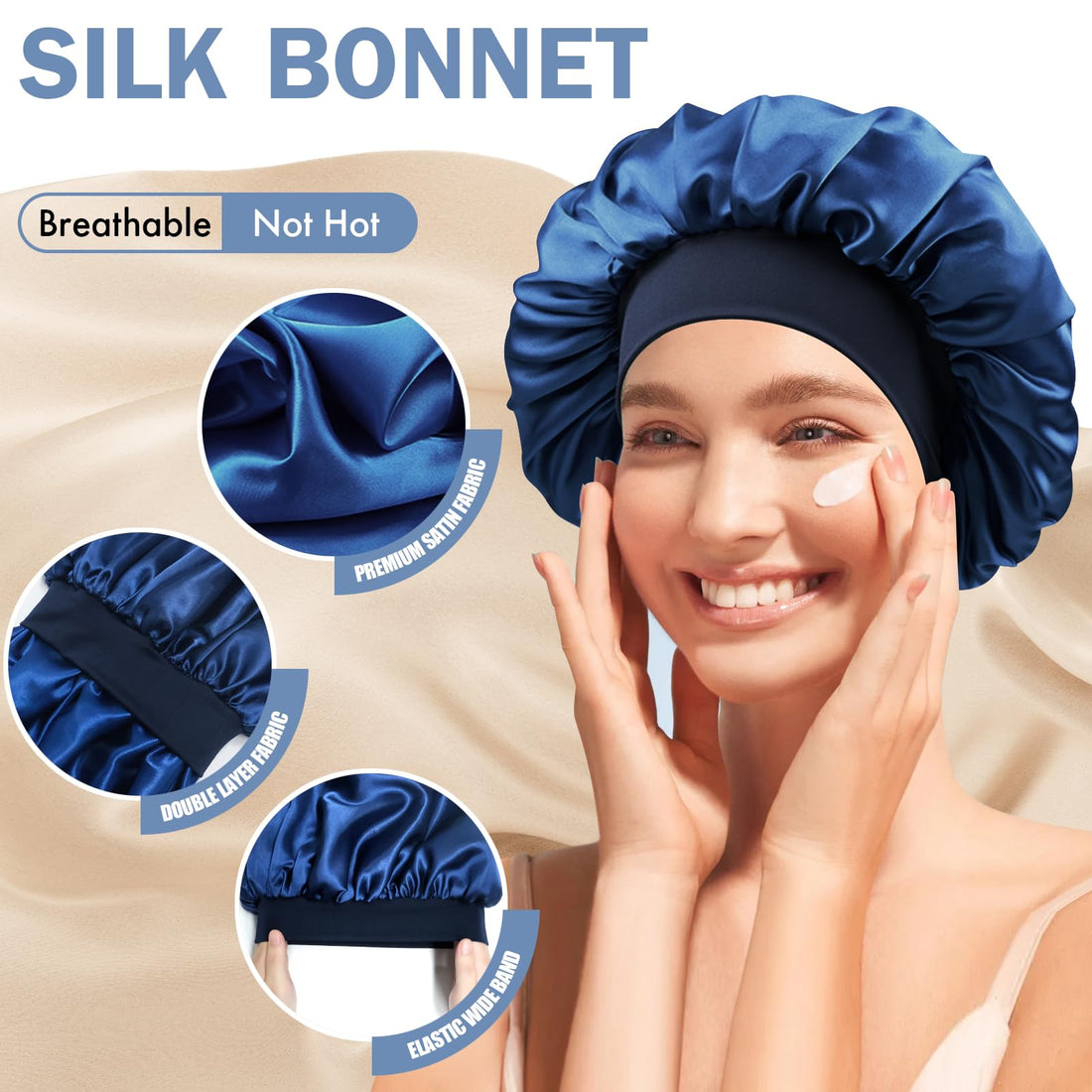 Doitory Satin Silk Bonnet for Sleeping, Double Layer Silk Sleep Cap for Men & Women, Soft Satin Lined Bonnet for Natural & Curly Hair(Navy Blue)