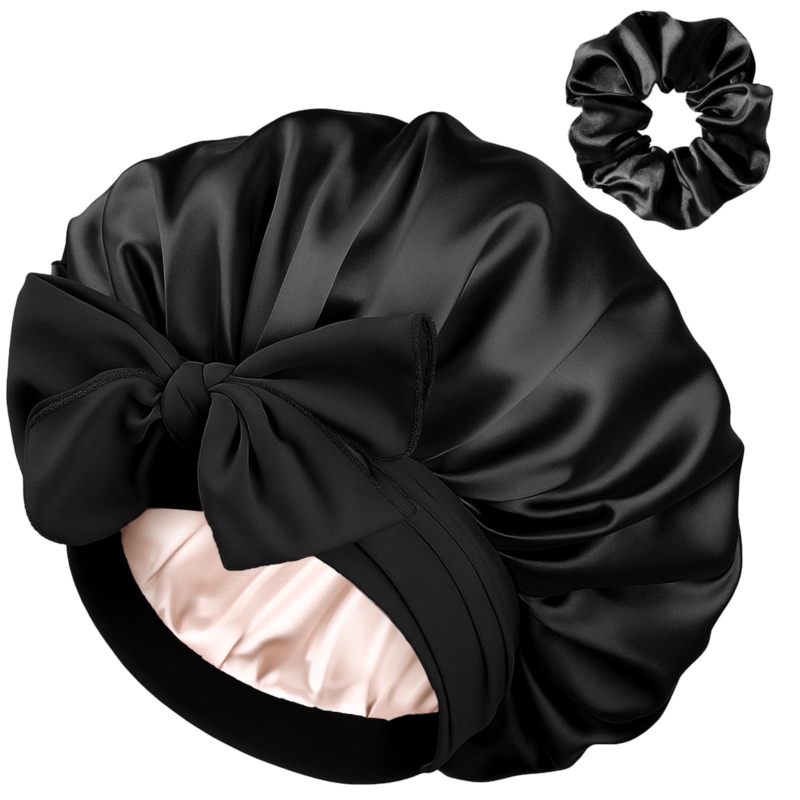 YANIBEST Satin Silk Bonnet for Sleeping Women, Double Layer Hair Bonnet with Elastic Tie Band for Curly Natural Hair, Black