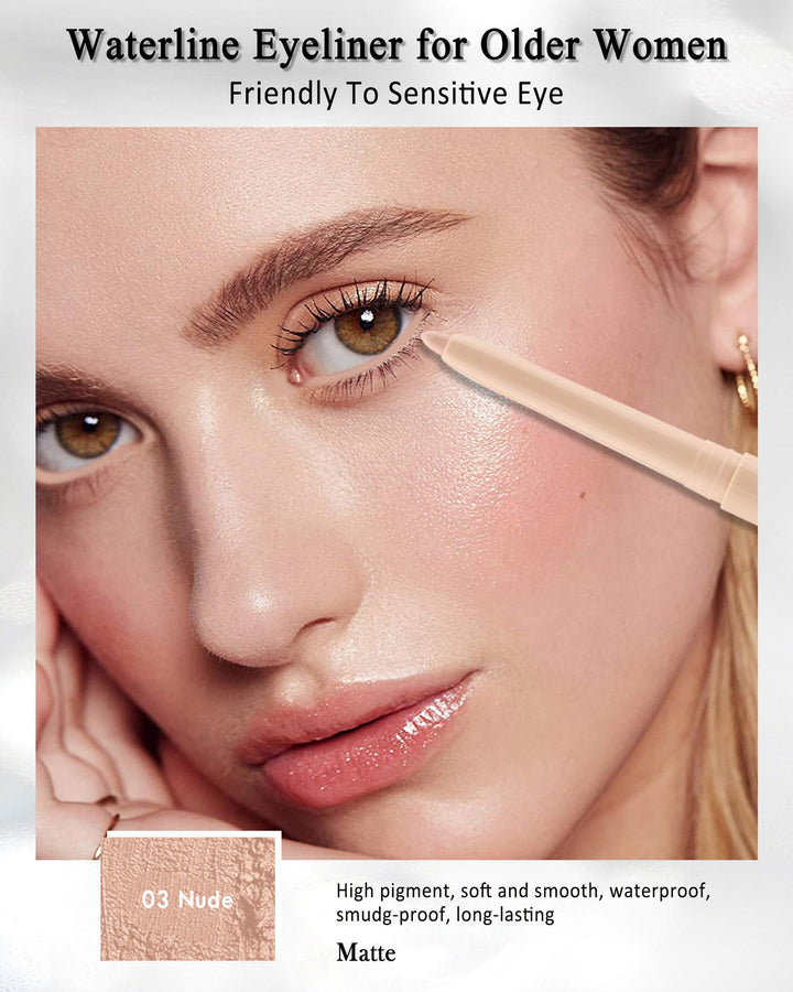 Nude Waterline Eyeliner Pencil, Cream Gel Eyeliner Waterline Waterproof Smudge-Proof Long-Wearing, Intense Color, Retractable Eye Liner Brightener Pen, Smooth Eye Makeup for women, Built-in Sharpener