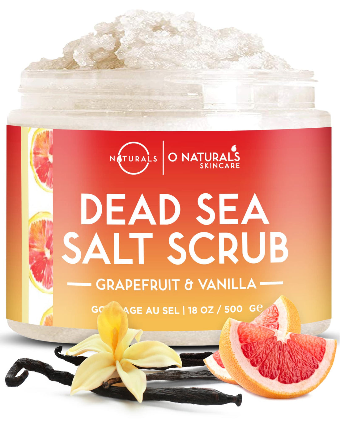 O Naturals Invigorating Grapefruit & Vanilla Dead Sea Salt Face & Body Scrub. Softens & Evens Skin Tone, Treats Acne & Cellulite, Promotes Circulation, Anti-Inflammatory. Avocado & Argan Oil. 8.45 Oz