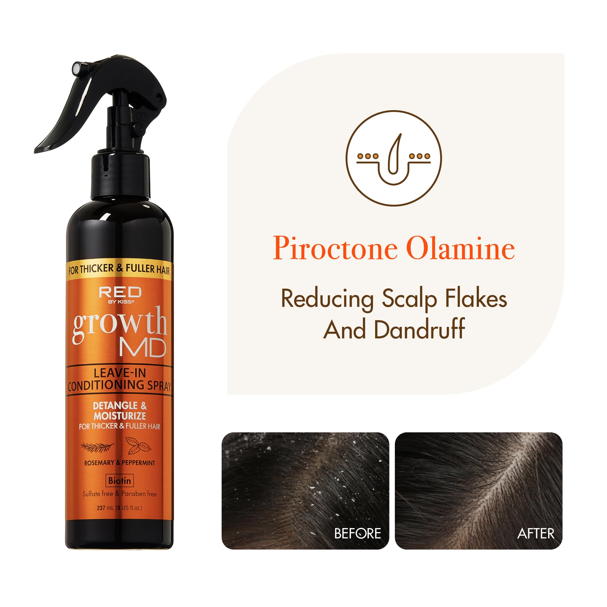 Red by Kiss Growth MD Leave-In Conditioning Spray, Lightweight Detangle Moisturize & Strengthen, 5X Menthol Biotin, Panthenol & Niacinamide for Thicker Fuller Hair, Vegan Formula & Cruelty Free, 8 oz