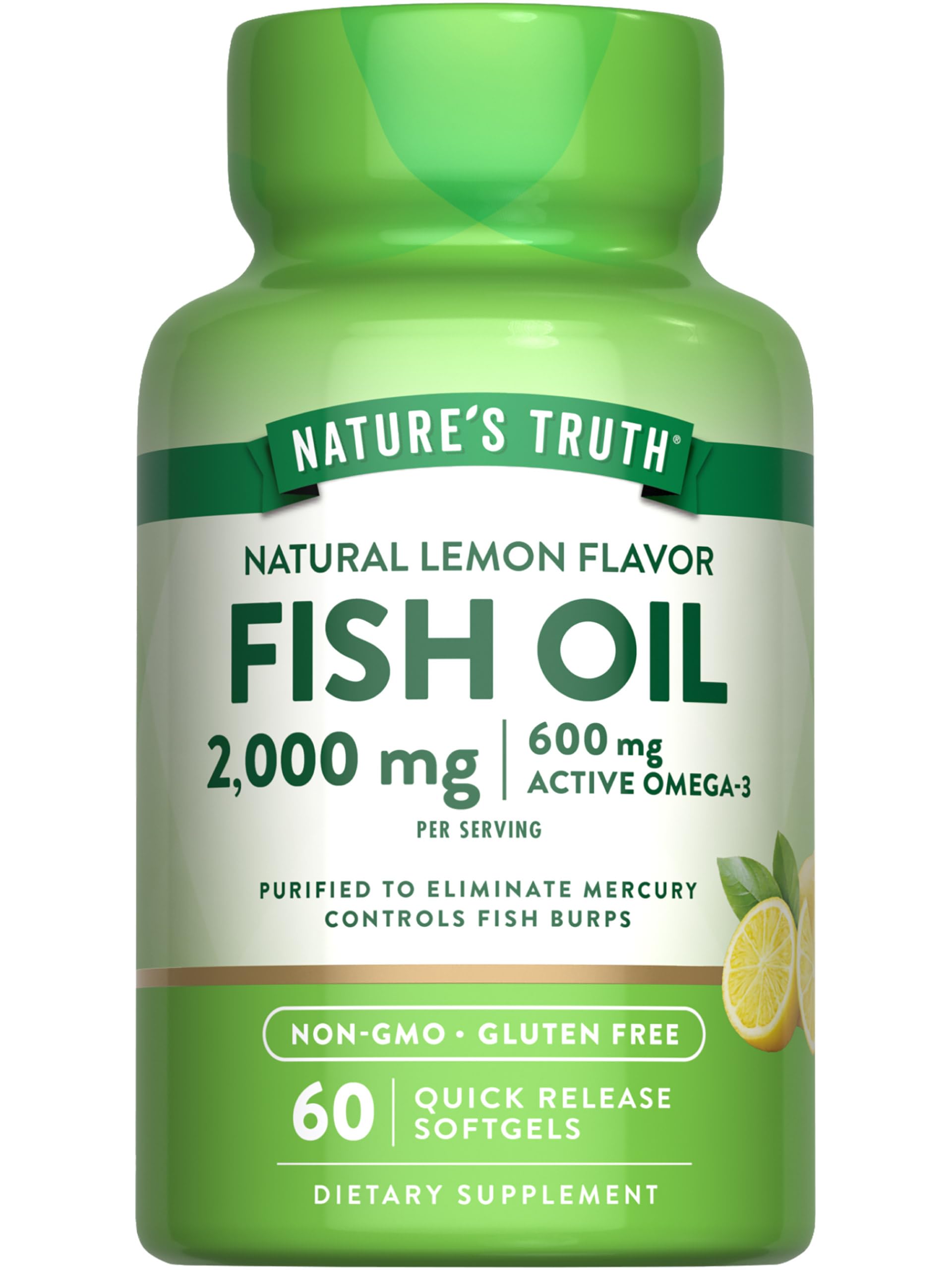 Nature's Truth Fish Oil 2000mg | 60 Softgels | EPA & DHA | 600mg Active Omega-3 | Natural Lemon Flavor | Non-GMO and Gluten Free Supplement