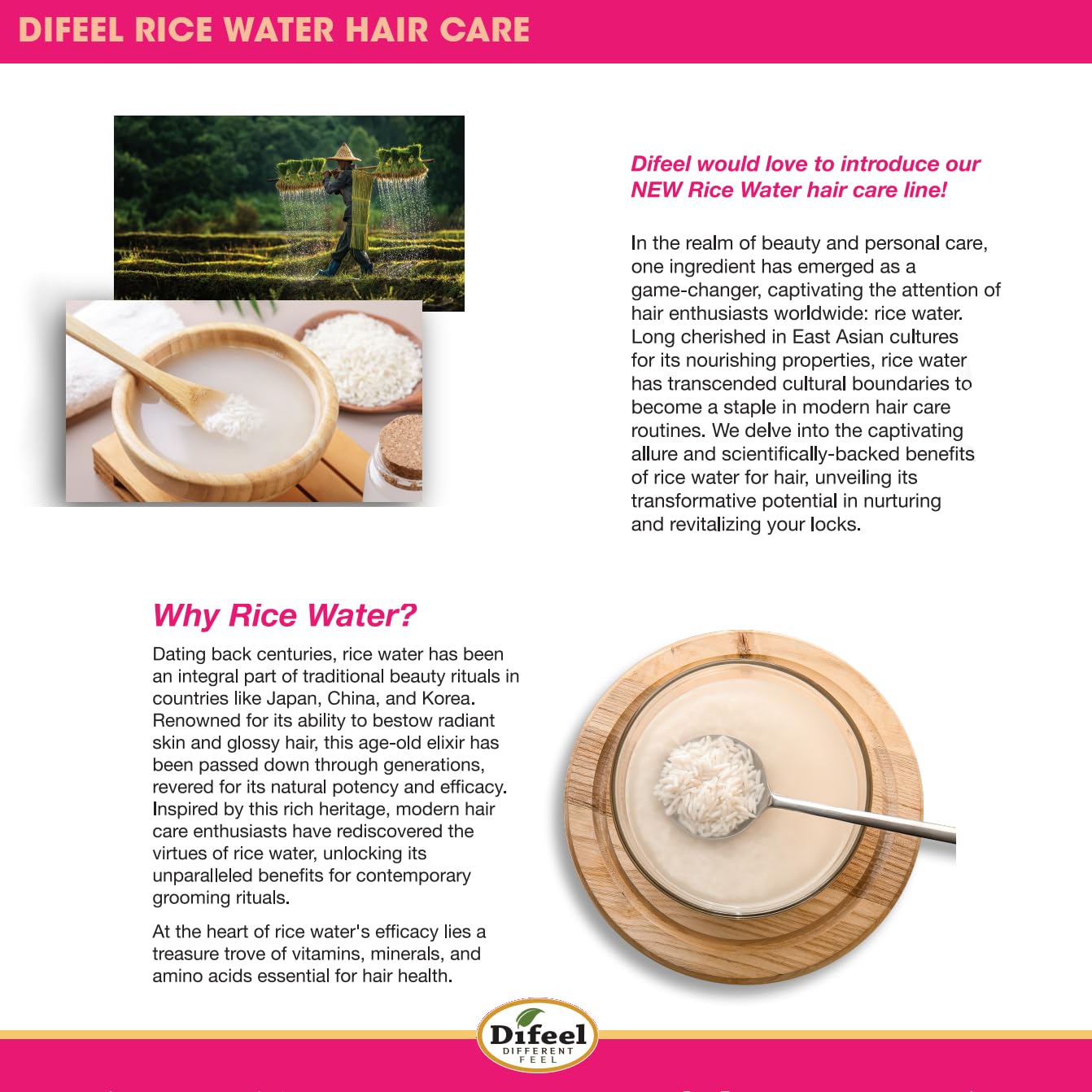 Difeel Rice Water Conditioner 12 oz. Strengthening, Sulfate Free Natural Hair Conditioner