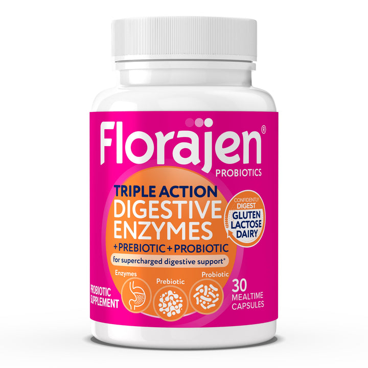 Florajen Digestive Enzymes with Probiotics and Prebiotics for Women and Men - Digestive Health, Gut Relief & Bloating - Triple Action Formula - 30ct