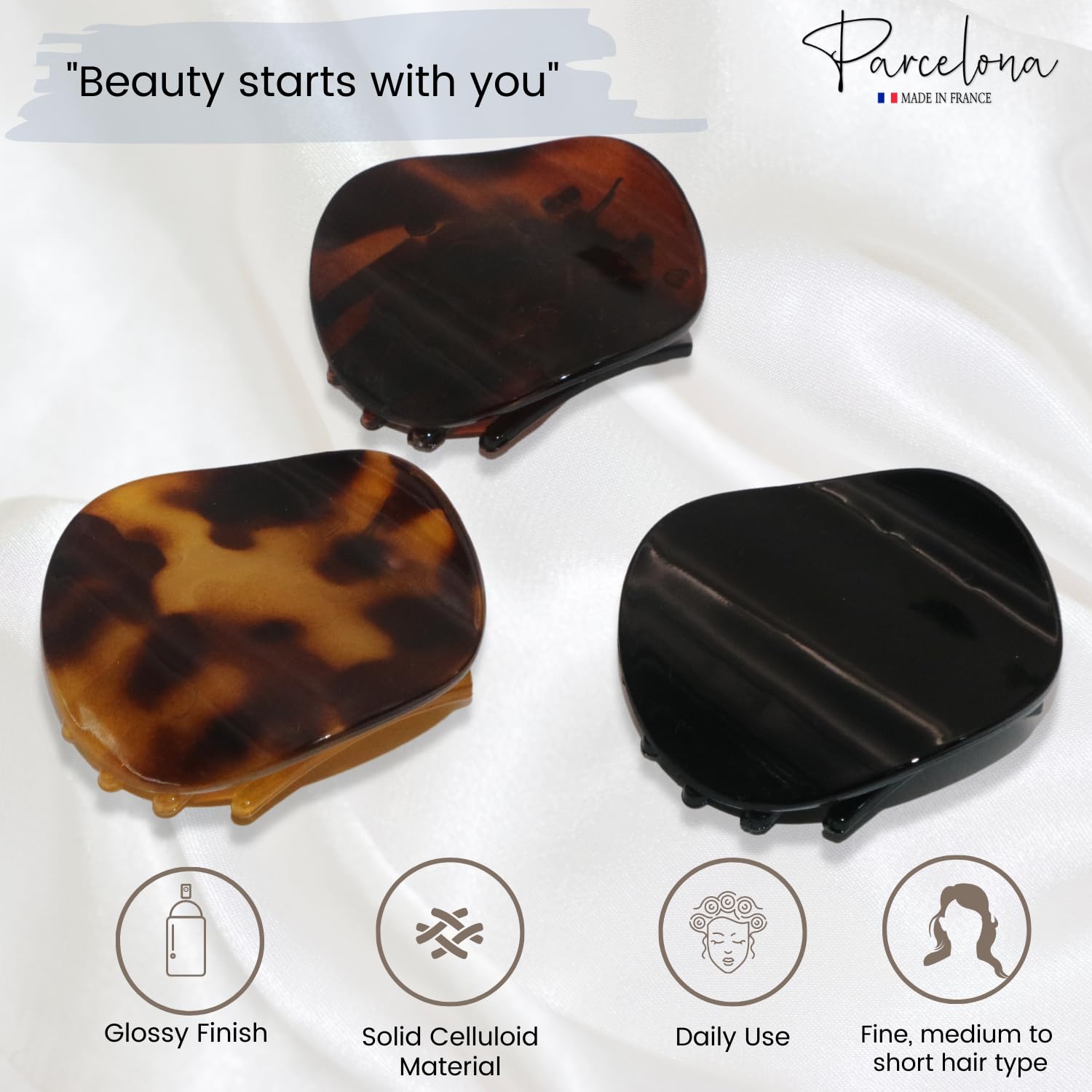 Parcelona French Onde Tortoise Shell Black and Savana Small 2ââ‚¬Â Celluloid Set of 3 Round Side Slide In Secure Grip Hair Claw for Women and Girls