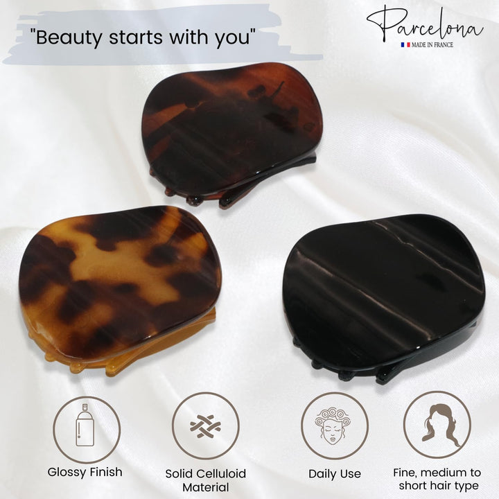 Parcelona French Onde Tortoise Shell Black and Savana Small 2ââ‚¬Â Celluloid Set of 3 Round Side Slide In Secure Grip Hair Claw for Women and Girls