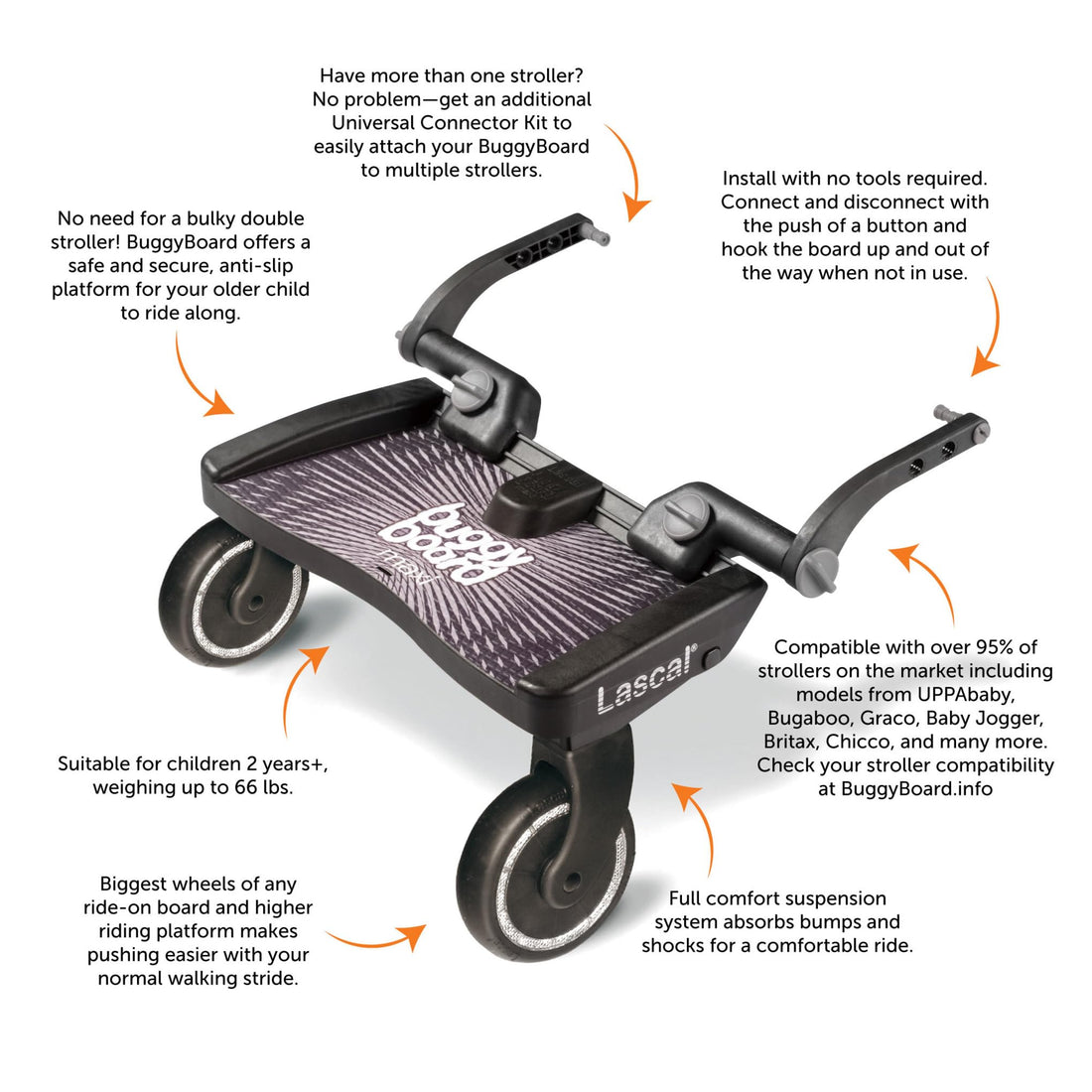 Lascal BuggyBoard Maxi Universal Stroller Board, Fits Strollers Including UPPAbaby, Baby Jogger, Bugaboo, No Need for a Double Stroller for Infant and Toddler, Max Weight 66 lbs, Black