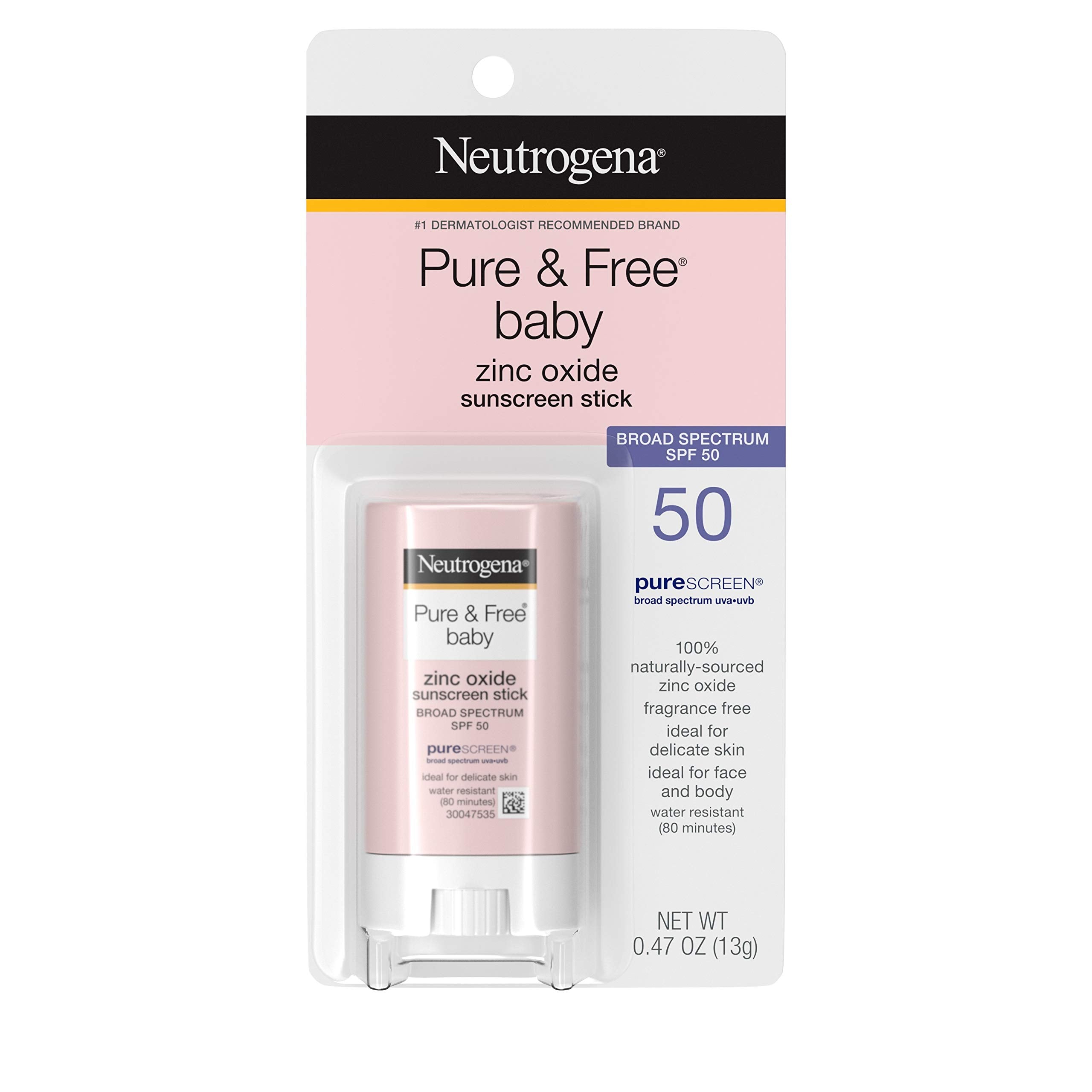 Neutrogena Pure & Free Baby Mineral Sunscreen Stick with Broad Spectrum SPF 50 & Zinc Oxide, Water-Resistant, Hypoallergenic, Paraben-, Dye- & PABA-Free Baby Face & Body Sunscreen, 0.47 oz