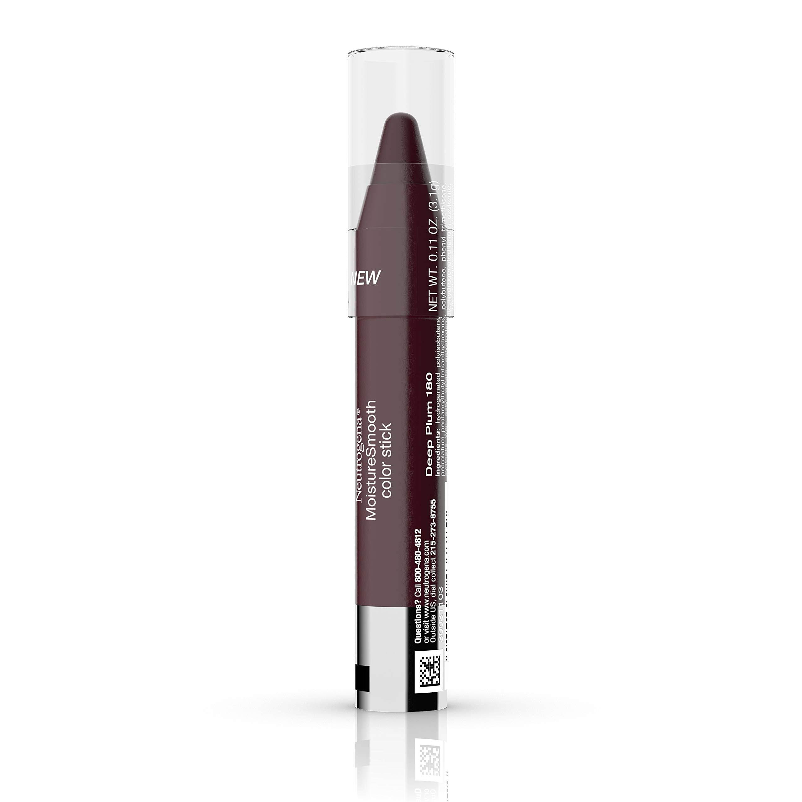 Neutrogena MoistureSmooth Shimmery,Sheer Color Stick for Lips, Moisturizing and Conditioning Lipstick with a Balm-Like Formula, Nourishing Shea Butter and Fruit Extracts, 180 Deep Plum.011 oz