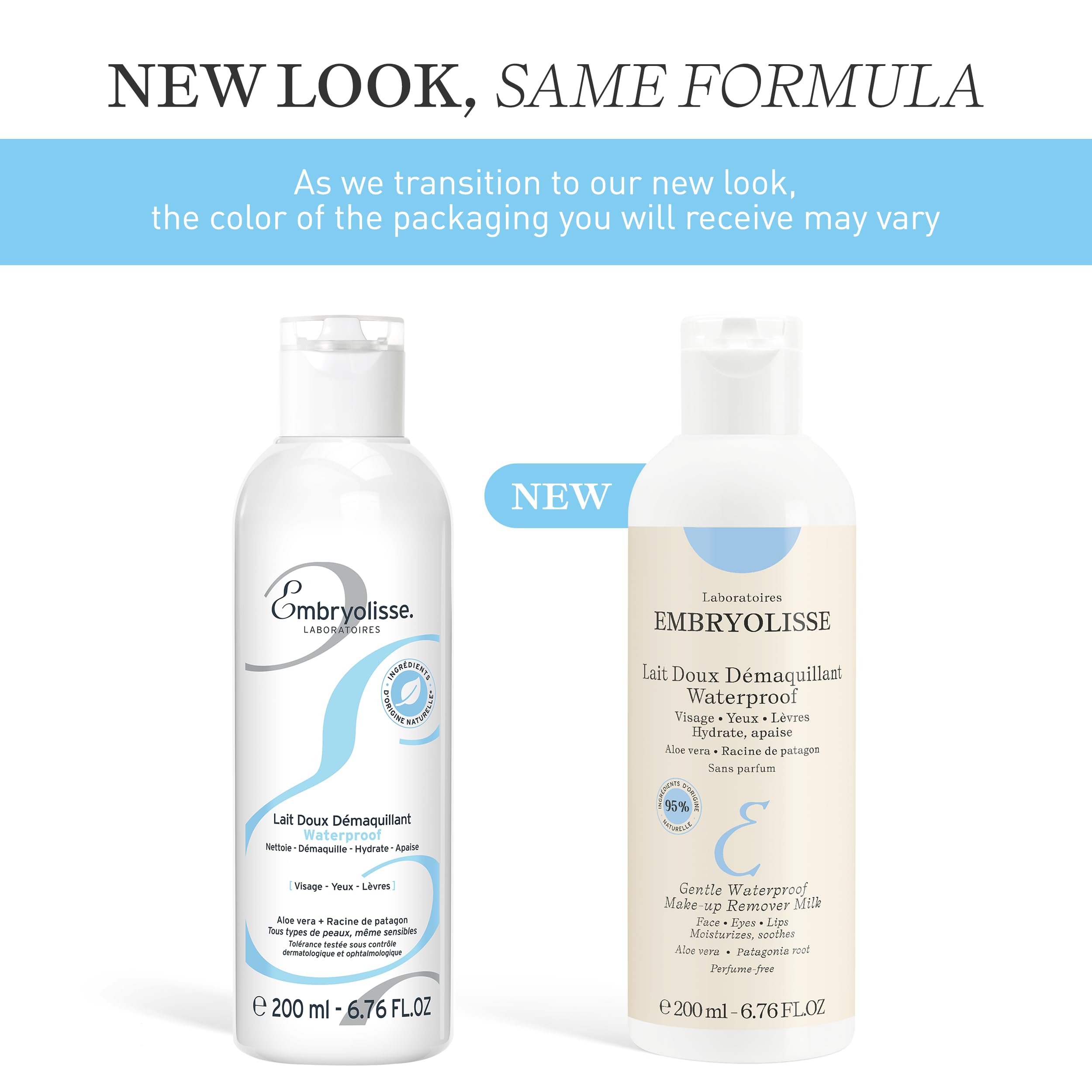 Embryolisse Gentle Waterproof Make-up Remover Milk, 4-in-1 Hydrating Facial Cleanser for Sensitive Skin with Aloe Vera & Shea Butter, 6.76 Fl Oz