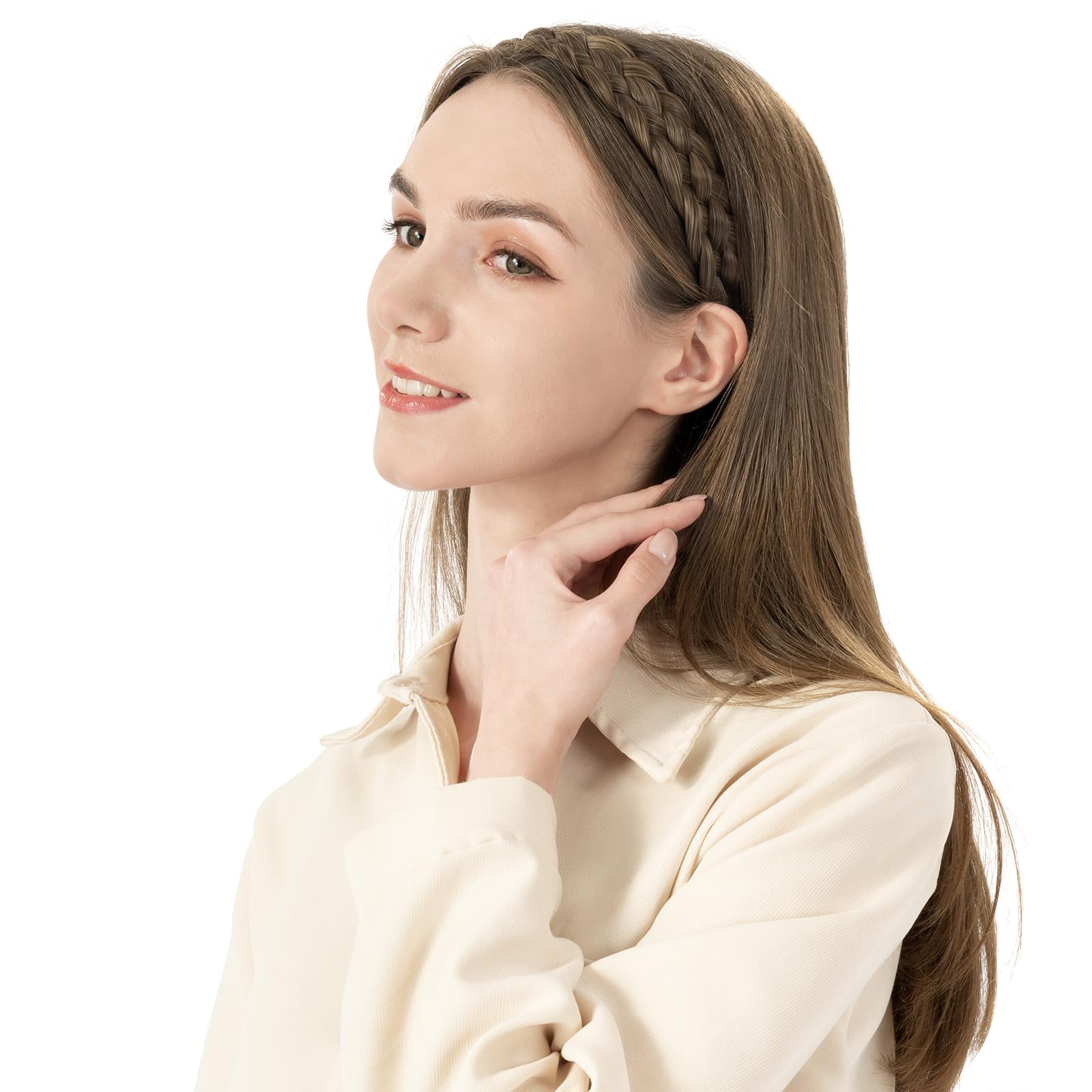 BOBIYA Synthetic Hair Braided Headband 5 Strands Classic Chunky Wide Plaited Braids Elastic Stretch Hairpiece for Women Girl Beauty Accessory, 56g (Gray Brown)