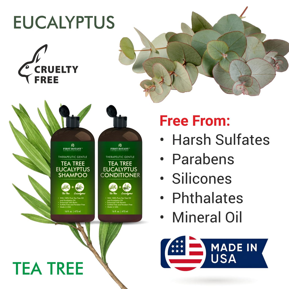 Tea Tree & Eucalyptus Shampoo and Conditioner Set – Clarifying & Scalp Care Formula with Activated Charcoal, Biotin & Keratin – Sulfate-Free, Made in USA - 16 fl oz x 2