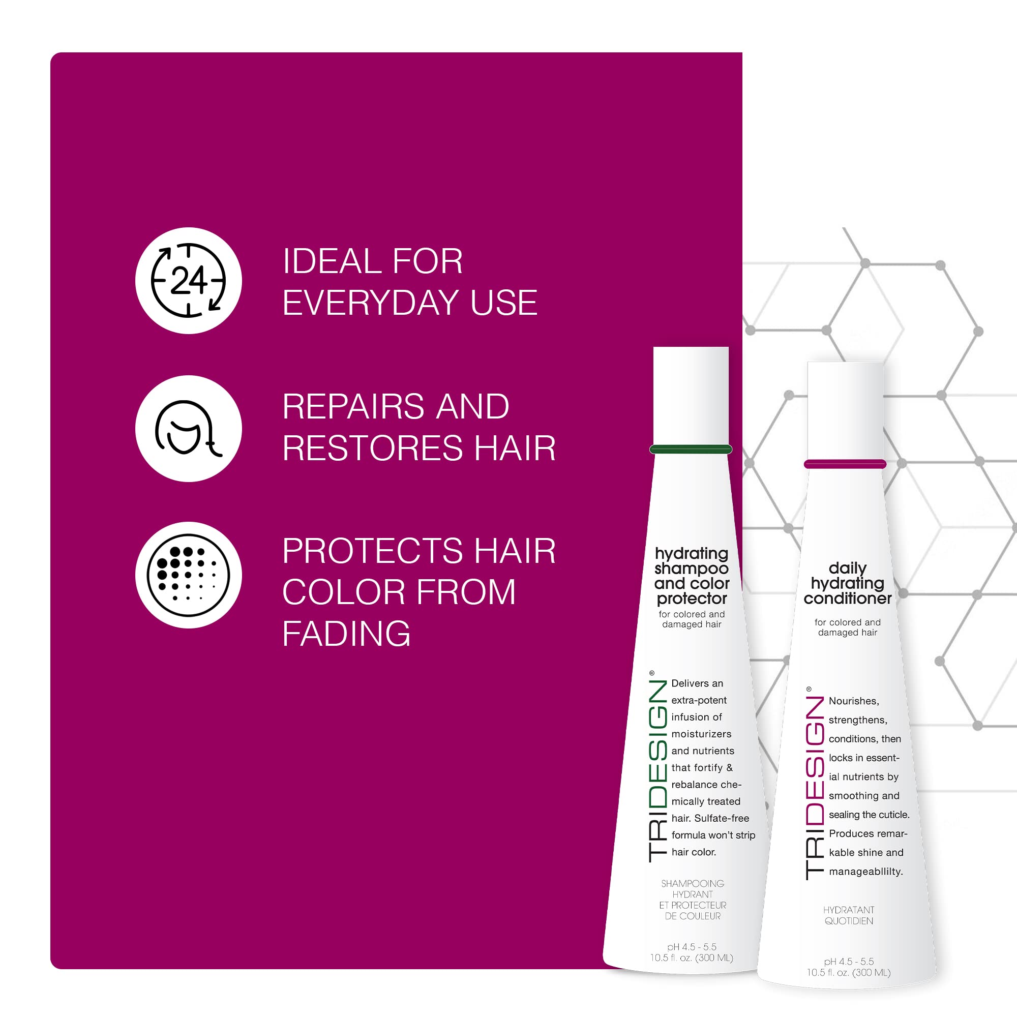 TRI Design Hydrating Shampoo & Conditioner Set - Sulfate Free Shampoo & Conditioner for Dry & Damaged Hair - Protect, Repair, and Moisturize Curly, Straight, Wavy, and Color-Treated Hair - 10.5 Ounce