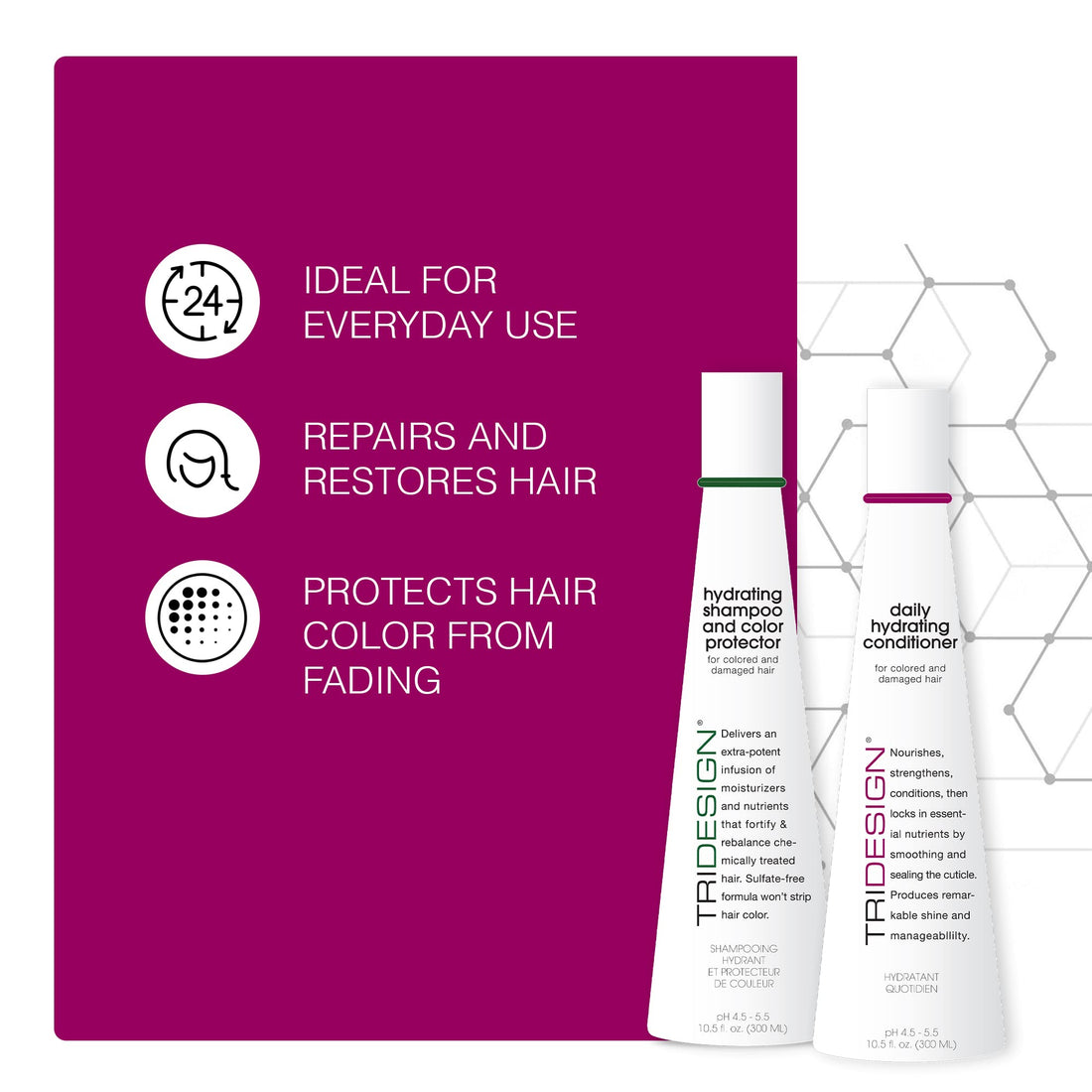 TRI Design Hydrating Shampoo & Conditioner Set - Sulfate Free Shampoo & Conditioner for Dry & Damaged Hair - Protect, Repair, and Moisturize Curly, Straight, Wavy, and Color-Treated Hair - 10.5 Ounce