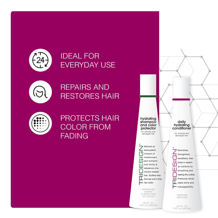 TRI Design Hydrating Shampoo & Conditioner Set - Sulfate Free Shampoo & Conditioner for Dry & Damaged Hair - Protect, Repair, and Moisturize Curly, Straight, Wavy, and Color-Treated Hair - 10.5 Ounce