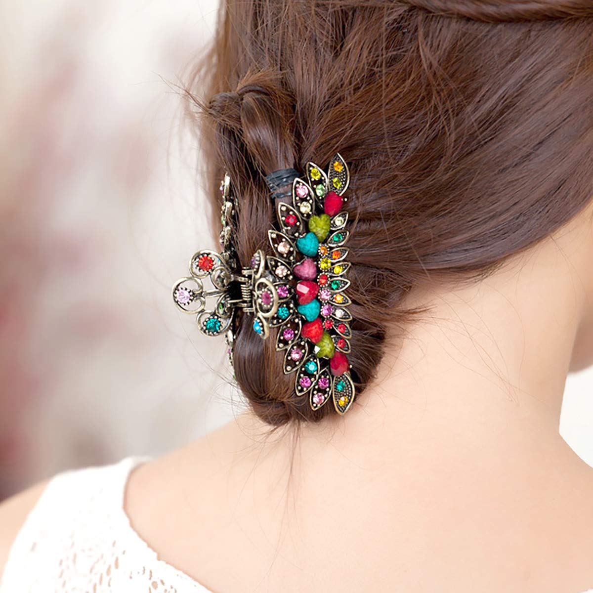 Women Lady Retro Flowers Hair Claw Clip Vintage Alloy Rhinestone Non-Slip Hair Jaw Clips Hairpin Large Hair Updo Grip Bath Accessories for Thick Hair Fancy Hair Clamp (Colourful)
