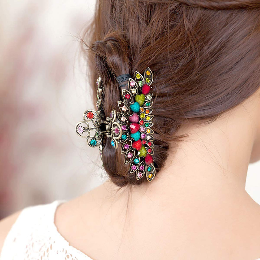Women Lady Retro Flowers Hair Claw Clip Vintage Alloy Rhinestone Non-Slip Hair Jaw Clips Hairpin Large Hair Updo Grip Bath Accessories for Thick Hair Fancy Hair Clamp (Colourful)