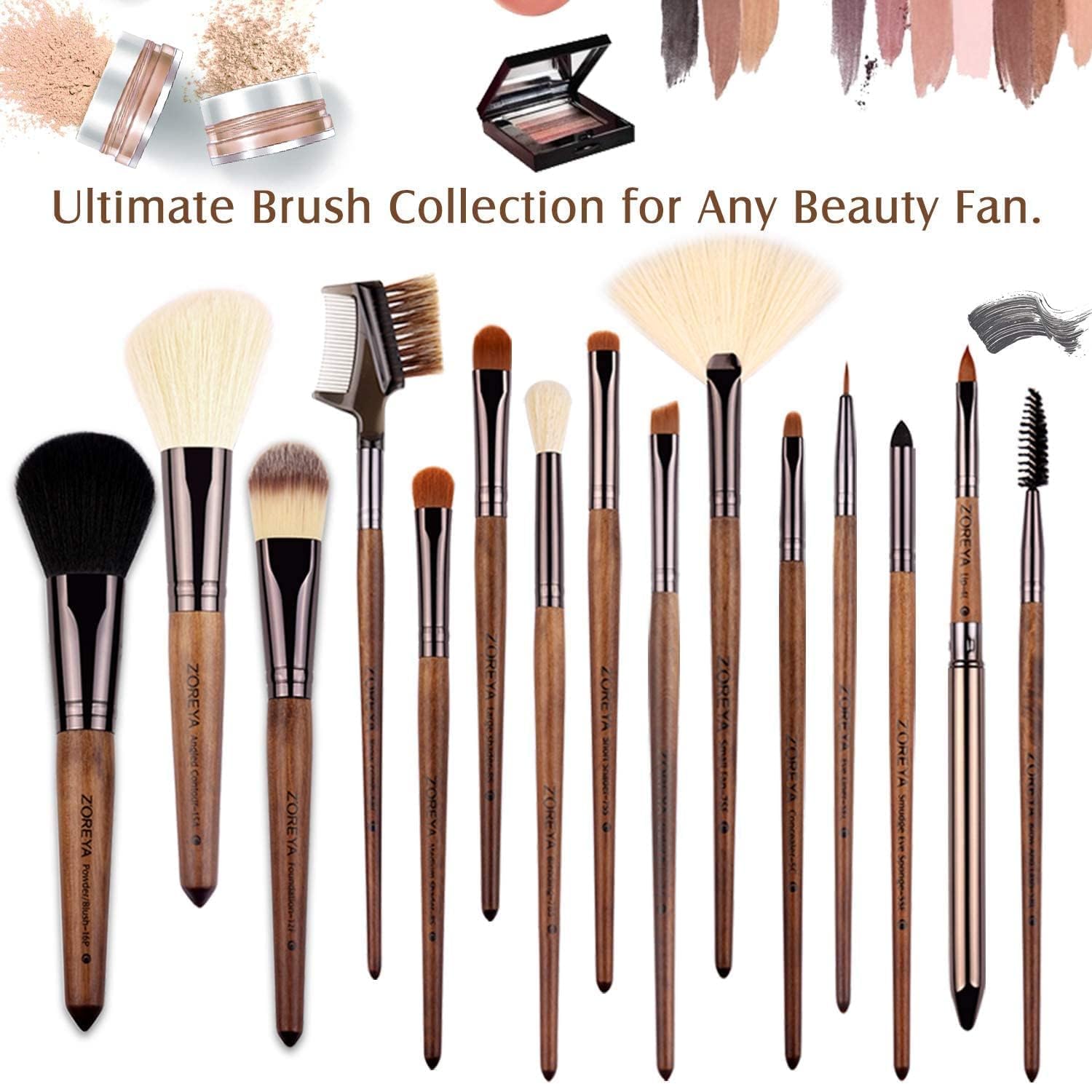 Makeup Brushes 15 Piece ZOREYA High End Real Hard Walnut Handle Makeup Brush Set with Dark Brown Leather Brush Case Bag Holder Contains Contour Lip EyeShadow Powder Blending Fan Kit