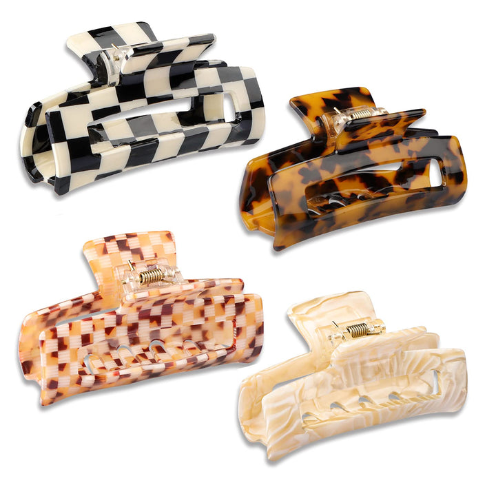 Magicsky 4PCS Hair Claw Clips, Acrylic Banana Barrettes Butterfly French Jaw Clip, Big Hair Clip Hairclips for Thick Thin Hair- Styling Accessories for Women Girls, Large Checkerboard, Leopard, White