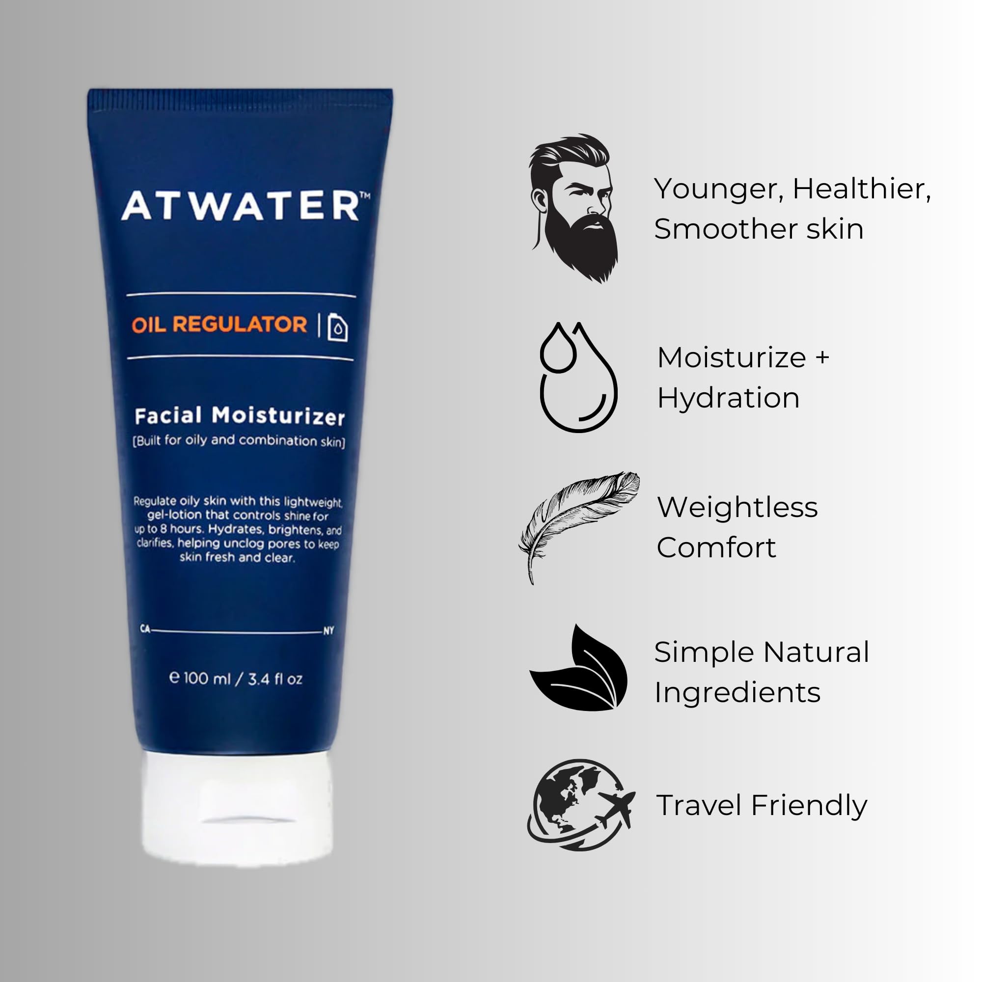 ATWATER Mens Face Moisturizer with Oil Control Complex, Unscented Lightweight Formula - Mens Face Lotion for Oily Skin that Hydrates and Controls Shine - 3.4 oz