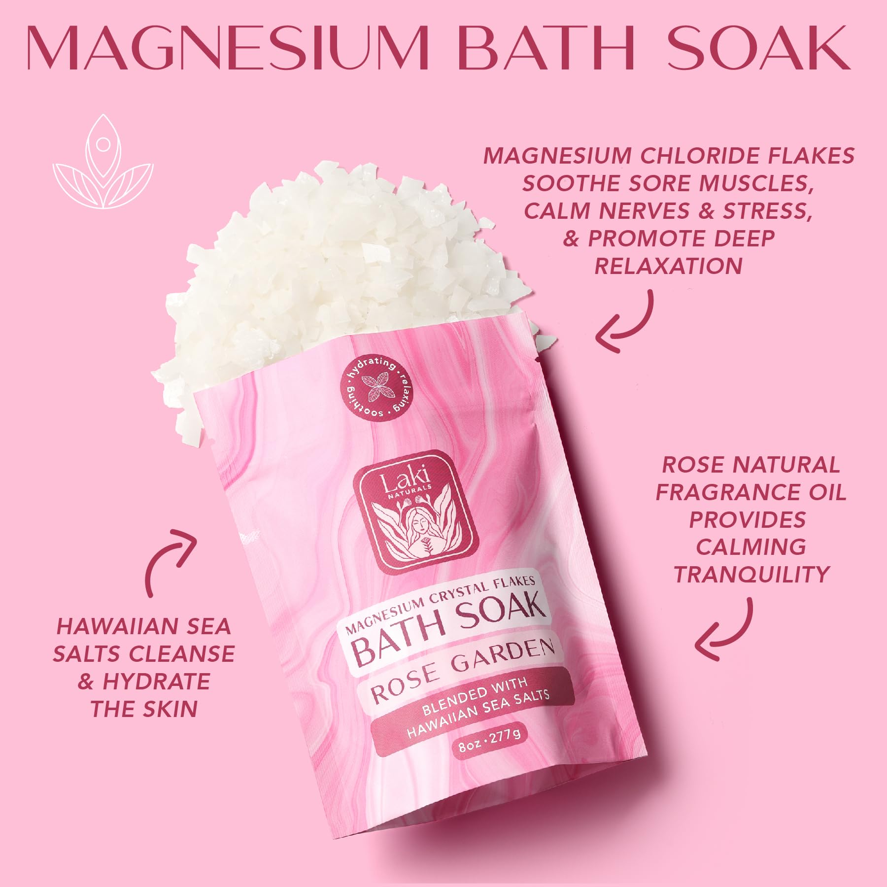 Magnesium Flakes Bath Soaks (8 oz) – Hawaiian Sea Salt Bath Soak w/Essential Oils – Bath Salts for Relaxation – Detox Bath Salt to Promote Sleep – Vegan Mineral Salt - (Aloha Rose)