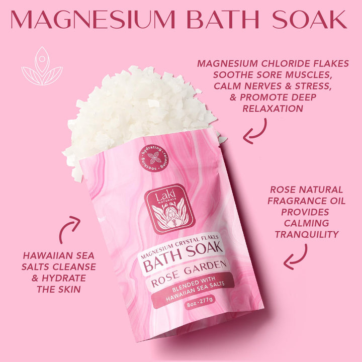 Magnesium Flakes Bath Soaks (8 oz) – Hawaiian Sea Salt Bath Soak w/Essential Oils – Bath Salts for Relaxation – Detox Bath Salt to Promote Sleep – Vegan Mineral Salt - (Aloha Rose)