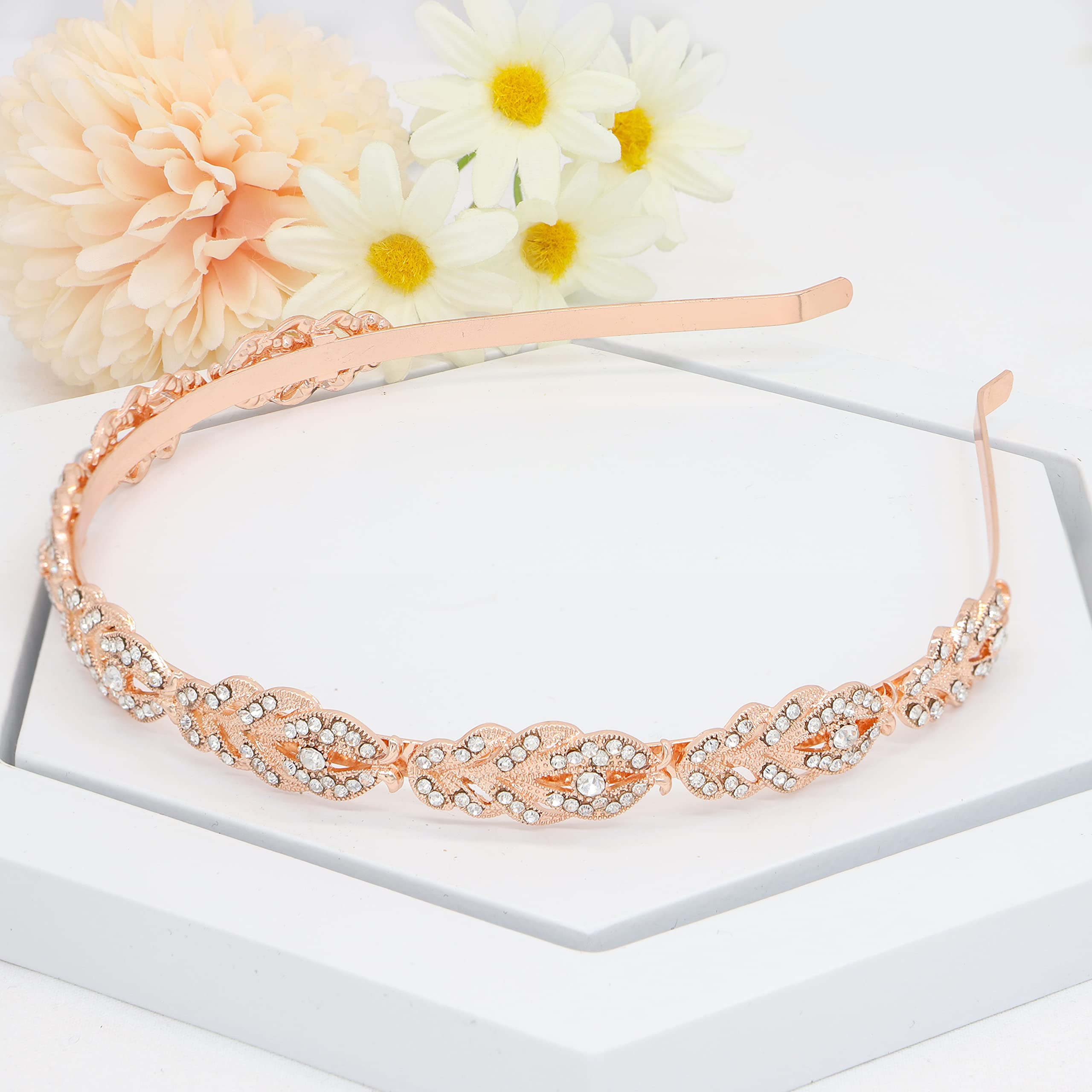 Ammei Headpiece Ammei Rose Design Rhinestone Crystal Wedding Headband Bridal Headpieces Simple Design Bridal Headband (Rose Gold)