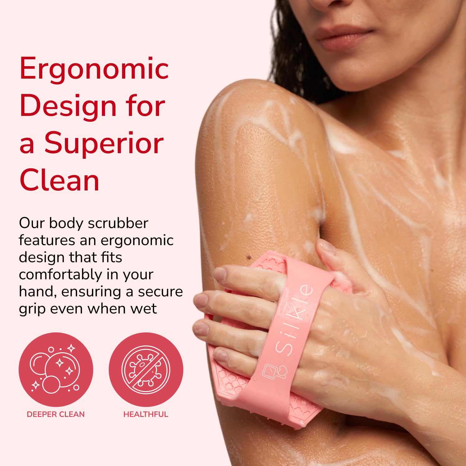 SILKLE Silicone Body Scrubber - Exfoliating Bath Brush and Skin Cleanser - Shower Sponge for Gentle Body Scrub and Wash - Silicone Scrubbing Care Tool for a Refreshed and Renewed You - Pink