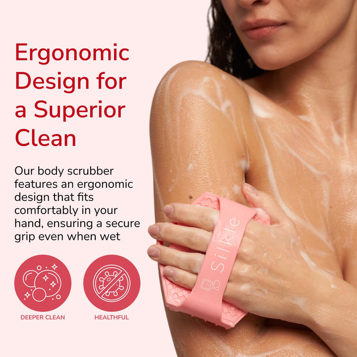 SILKLE Silicone Body Scrubber - Exfoliating Bath Brush and Skin Cleanser - Shower Sponge for Gentle Body Scrub and Wash - Silicone Scrubbing Care Tool for a Refreshed and Renewed You - Pink