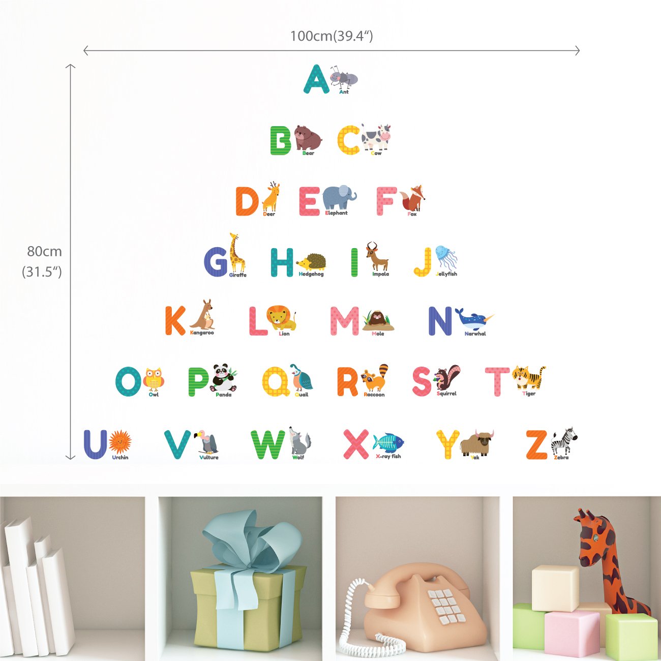 DECOWALL DS-8014 Colourful Animal Alphabet ABC Kids Wall Stickers Wall Decals Peel and Stick Removable Wall Stickers for Kids Nursery Bedroom Living Room (Small) décor