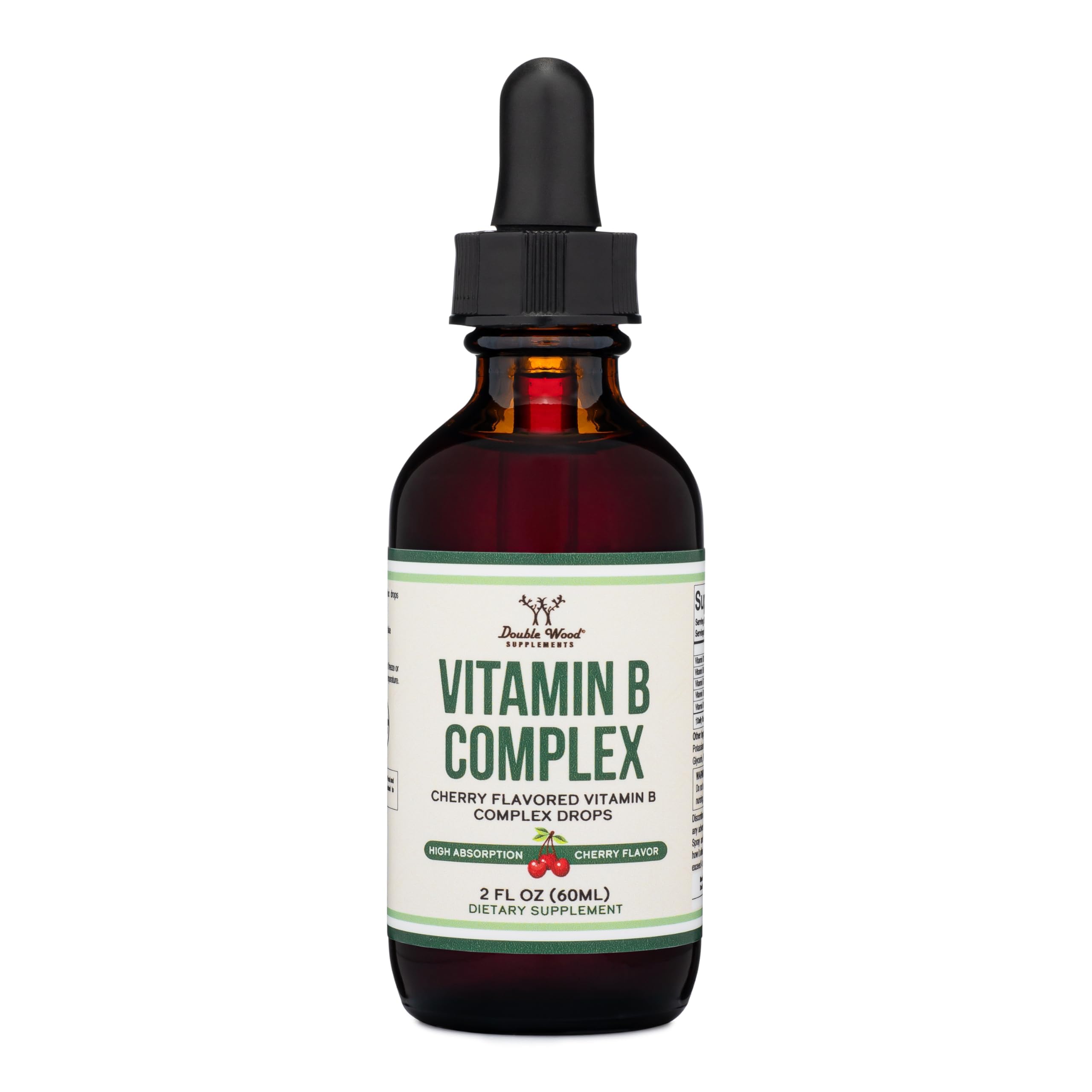 Double Wood Supplements Liquid Vitamin B Complex - 2 Month Supply - Max Absorption - B3, B6, B7 (Biotin), B9, and Vitamin B12 - Cherry Flavor - 2 FL OZ