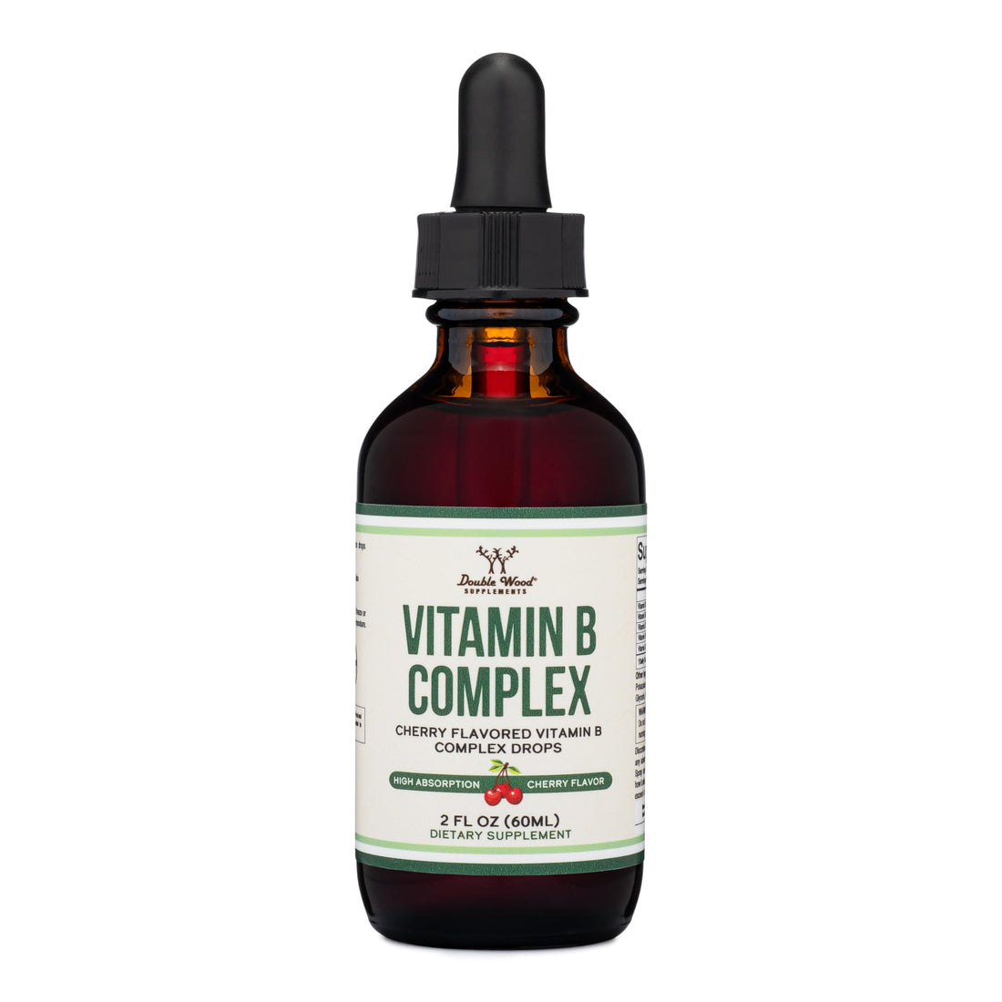 Double Wood Supplements Liquid Vitamin B Complex - 2 Month Supply - Max Absorption - B3, B6, B7 (Biotin), B9, and Vitamin B12 - Cherry Flavor - 2 FL OZ