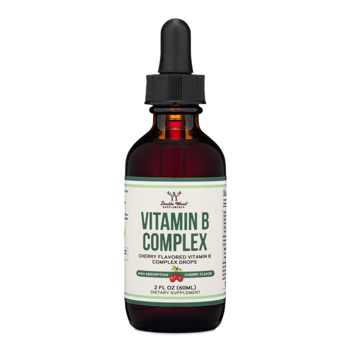 Double Wood Supplements Liquid Vitamin B Complex - 2 Month Supply - Max Absorption - B3, B6, B7 (Biotin), B9, and Vitamin B12 - Cherry Flavor - 2 FL OZ