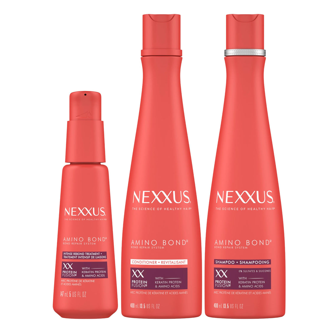 Nexxus Bond Repair Shampoo, Conditioner & Intense Rebond Treatment Bundle Amino Bond 3 Pack for All Types of Damaged Hair, with Keratin Protein and Amino Acids,