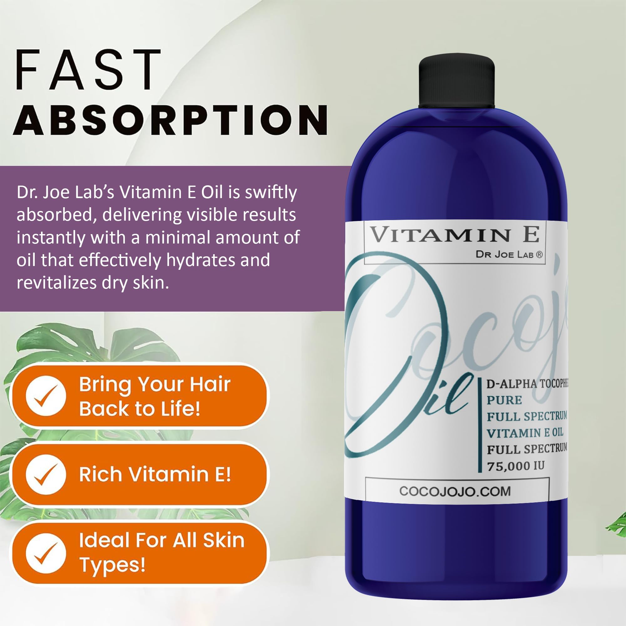 Dr Joe Lab Vitamin E Oil Full Spectrum for Skin, Hair, Face, Liquid Vitamin E Body Oil 75,000 IU, Pure Natural Cold Pressed, Moisturizes & Nourishes, Non GMO - 32 Oz