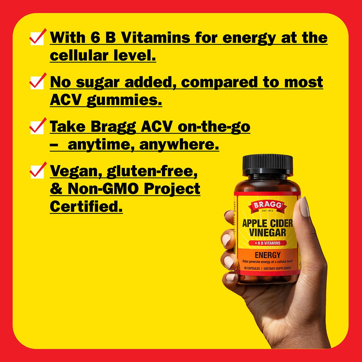 Bragg Energy Apple Cider Vinegar Capsules with B Vitamins - 90 Capsules - Helps Generate Energy at Cellular Level
