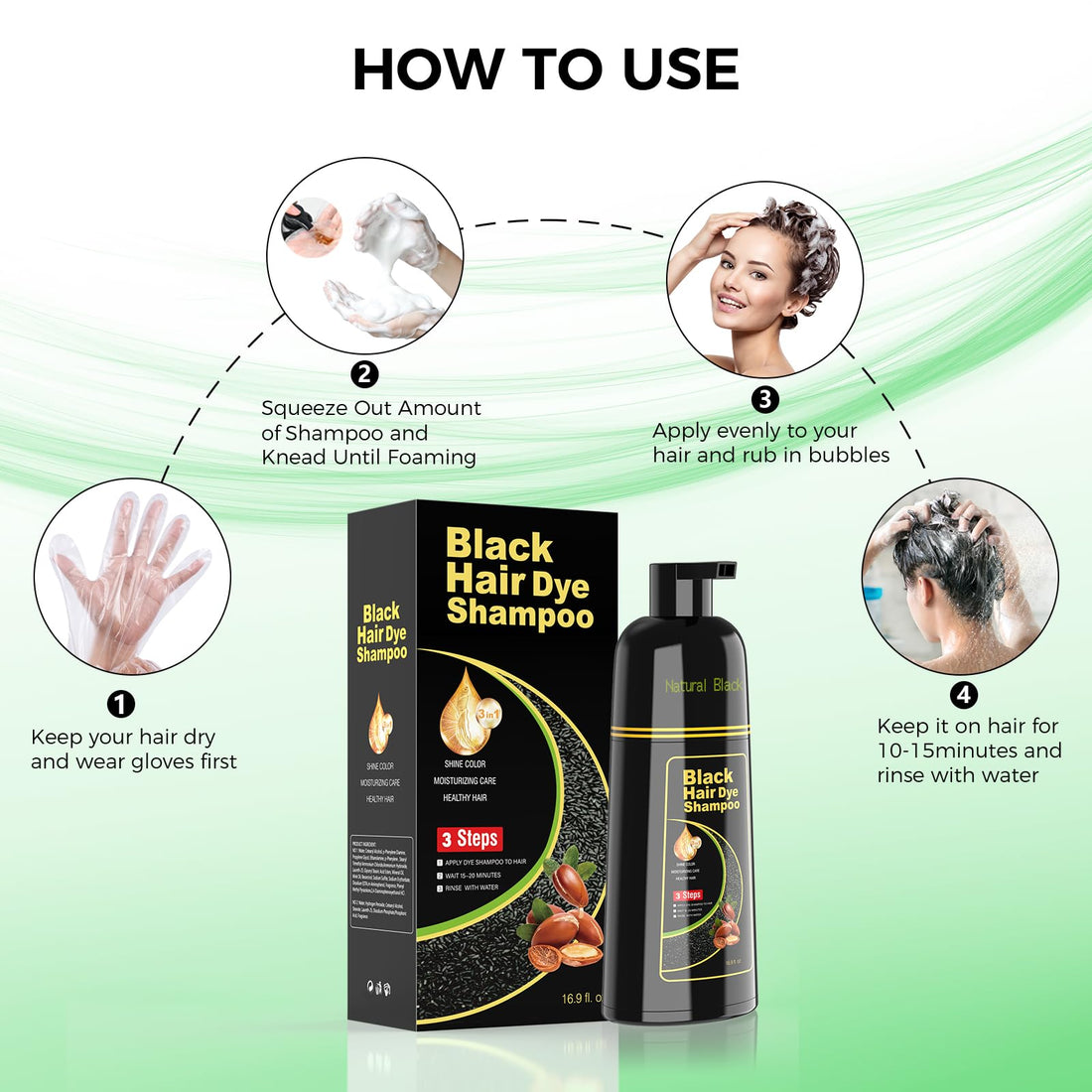 BELEZALIB Black Hair Dye Shampoo for Woman & Man, Argan Hair Color Shampoo 3 in 1, Semi-Permanent Gray Hair Coverage, Mild Formula, Lasts 30 Days(16.90 oz)