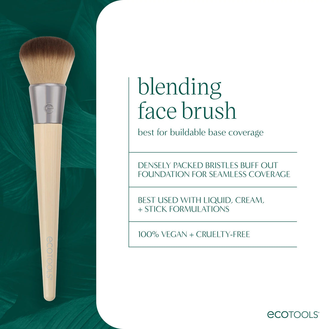 EcoTools Blending Face Makeup Brush, For Liquid & Cream Foundation, Bronzer, & Blush, Multipurpose Makeup Brush, Dense, Synthetic Bristles, Eco Friendly, Cruelty-Free & Vegan, 1 Count