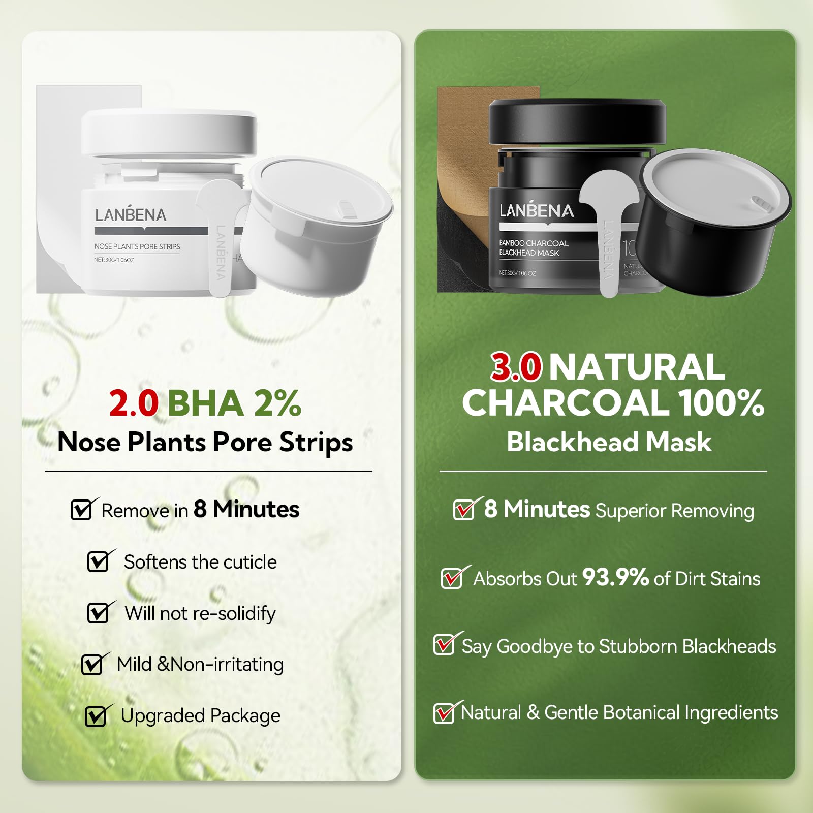 LANBENA 2 PCS Pore Strips, 2% BHA(Salicylic Acid) Nose Pore Strips 2.0 + Bamboo Charcoal Blackheads Remover Peel off Mask 3.0, Plants Pore Cleanser Purifying, added Amazonian White Clay, Oil Contro