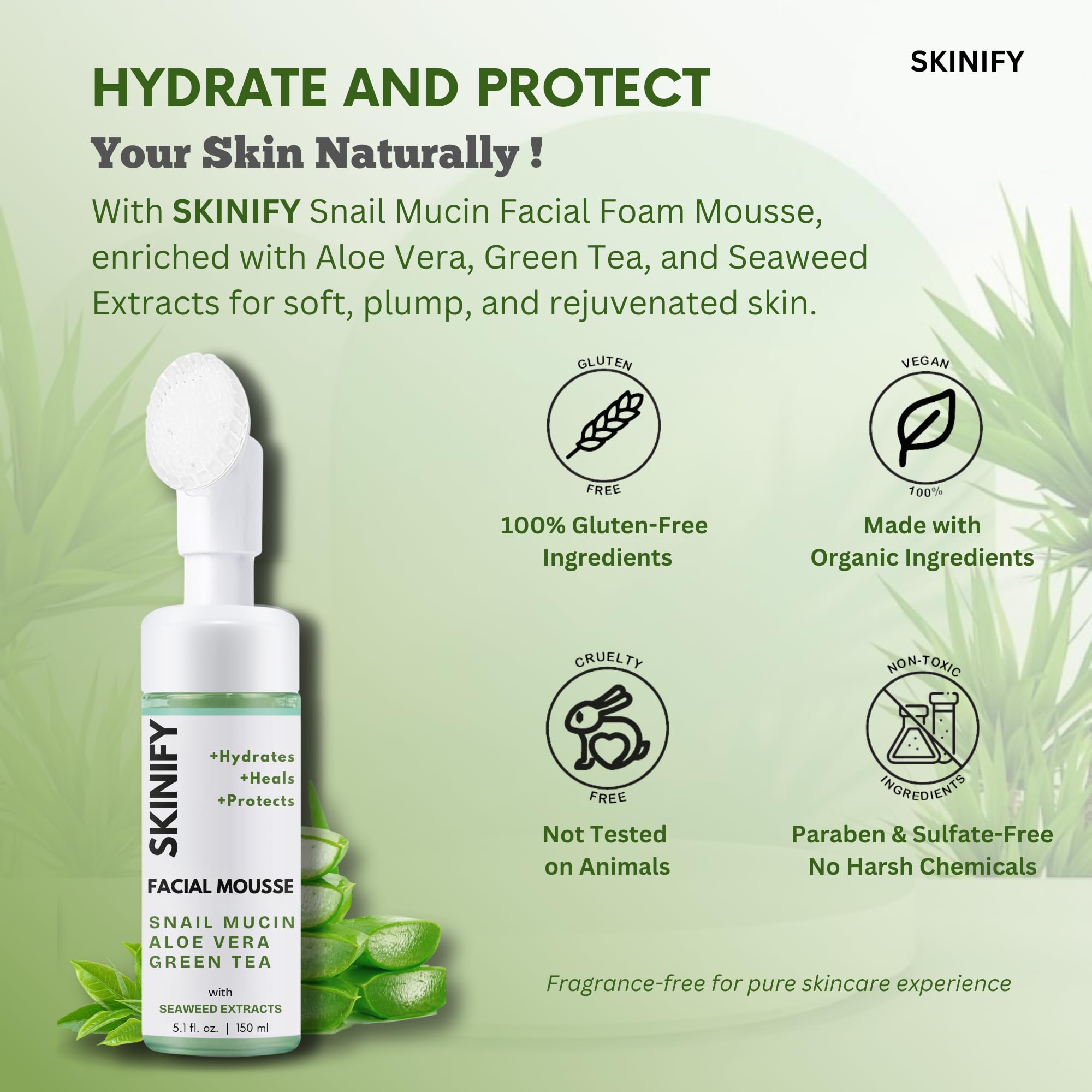 SKINIFY Glass-Skin Snail Mucin Facial Foam Cleanser w/Exfoliator – Ultra Hydration with Aloe Vera, Green Tea & Seaweed – All Skin Types Men & women – Deeply Hydrates, Detoxifies & Protects (5.1 Oz)