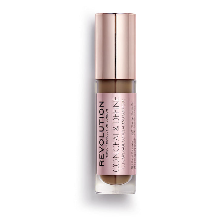 Makeup Revolution Full Coverage Conceal And Define Cream Concealer, C16 Dark Brown, 3.4Ml Matte Finish, Acne Prone