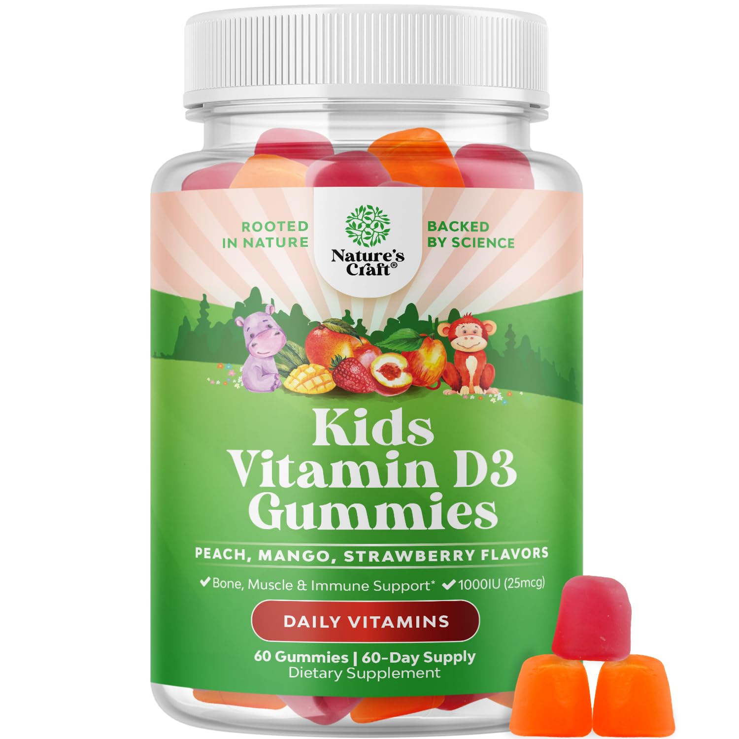 Chewable Vitamin D Gummies for Kids - Delicious Kids Vitamin D 1000 IU Per Serving Gummy Vitamins for and Toddlers Immune Support Plus Muscle Teeth and Bone Health - Gelatin Free Fruit Flavors