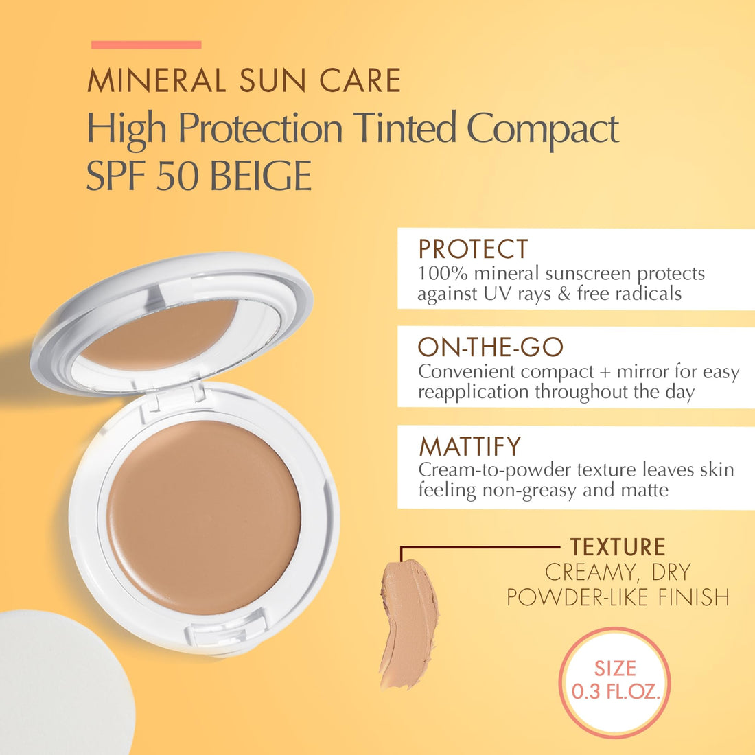 Eau Thermale Avene High Protection Beige Tinted Compact, Broad Spectrum SPF 50+, UVA/UVB Blue Light Protection, Water Resistant, Non-Greasy, 0.35 oz.