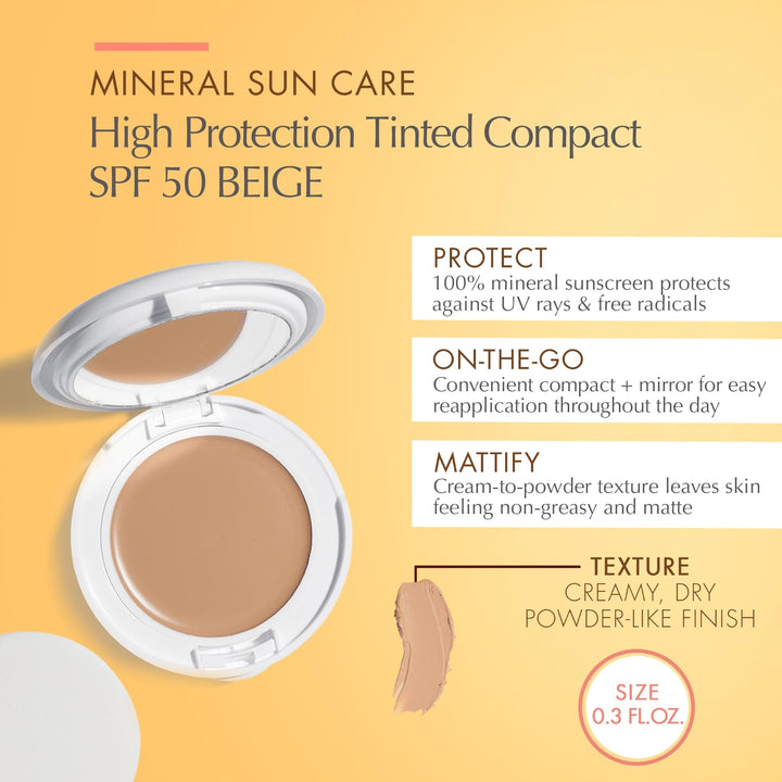 Eau Thermale Avene High Protection Beige Tinted Compact, Broad Spectrum SPF 50+, UVA/UVB Blue Light Protection, Water Resistant, Non-Greasy, 0.35 oz.