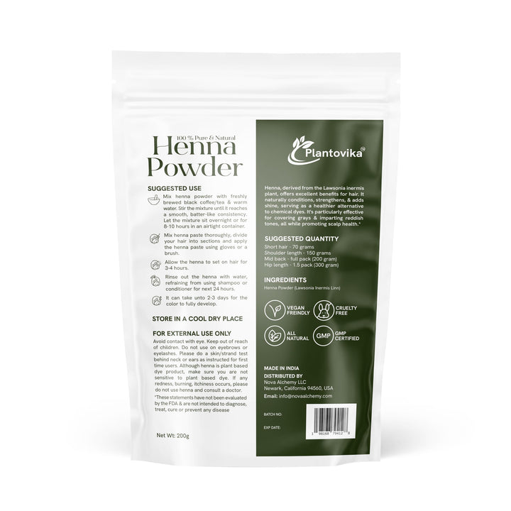 Plantovika 200 Grams 100% Pure & Natural Henna Hair Color Powder For Hair Dye, Orange-Red Hair Color, Triple Shifted, Smooth Henna Paste and Cones, No additives, No Chemical, Easy to use Henna