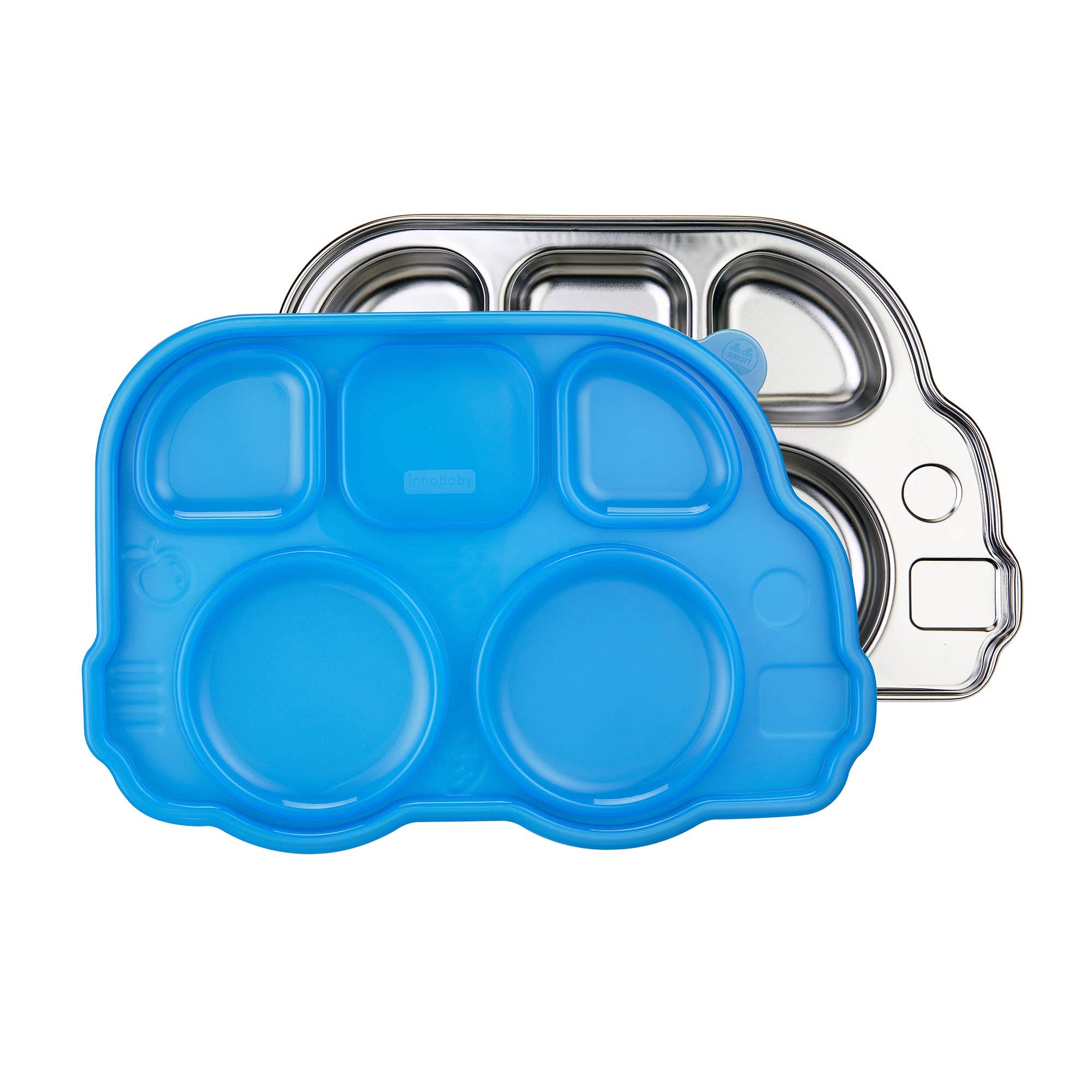 Innobaby Stainless Bus Plate with Airtight Sectional Lid, The Original, Leak-Resistant Divided Platter, Mom Invented Fun Shape Plate Din Din SMART for Babies, Toddlers and Kids, BPA Free Plate