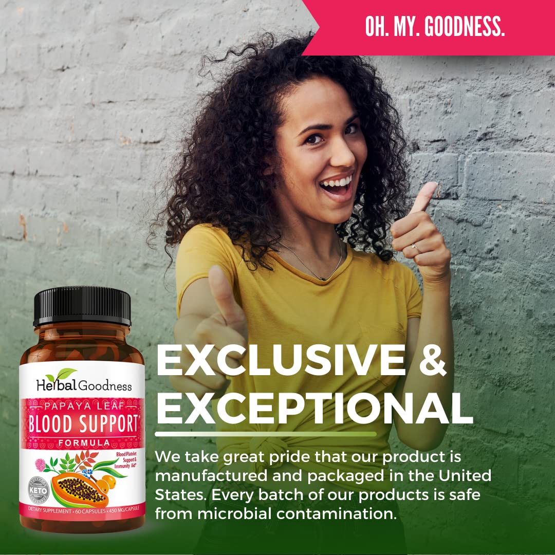 Herbal Goodness Papaya Leaf Blood Support Capsules - Platelet & Bone Marrow Health, Immunity Support & Blood Cleanse - 60/450mg Veggie Capsules (1 Bottle)