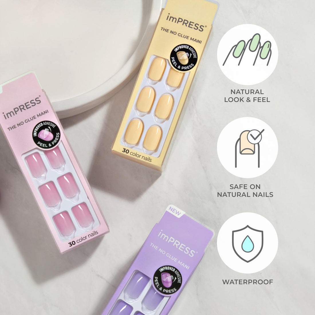 KISS imPRESS Color Press-On Manicure, Gel Nail Kit, PureFit Technology, Short Length, “Picture Purplect”, Polish-Free Solid Color Mani, Includes Prep Pad, Mini File, Cuticle Stick, and 30 Fake Nails