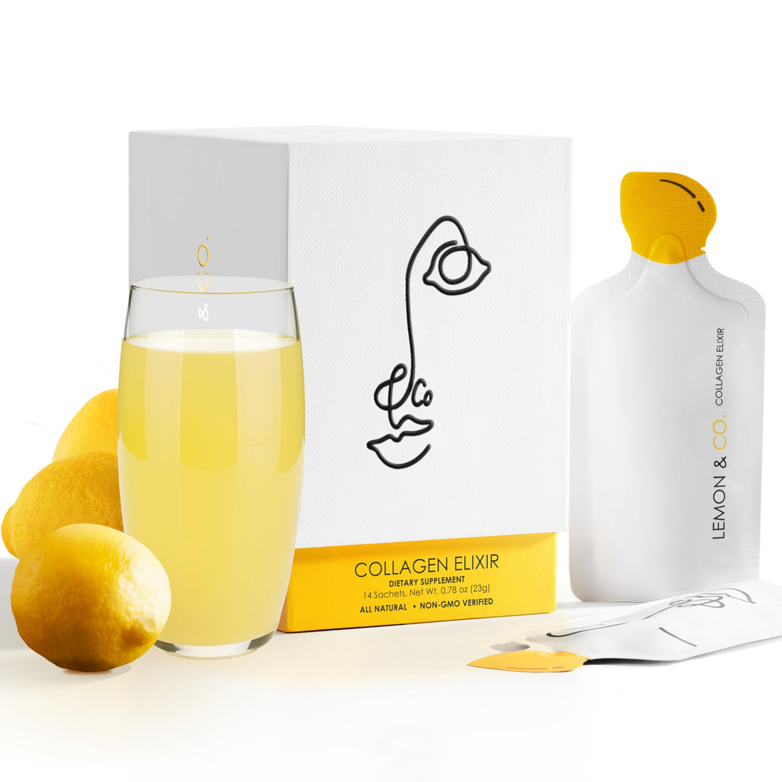 LEMON & CO. Lemon Collagen Elixir - 5g Wild Caught Marine Collagen with Vitamin C & Organic Lemons - Non-GMO, Sugar-Free, Preservative-Free Collagen Water for Nails, Hair & Skin - 14 Packets